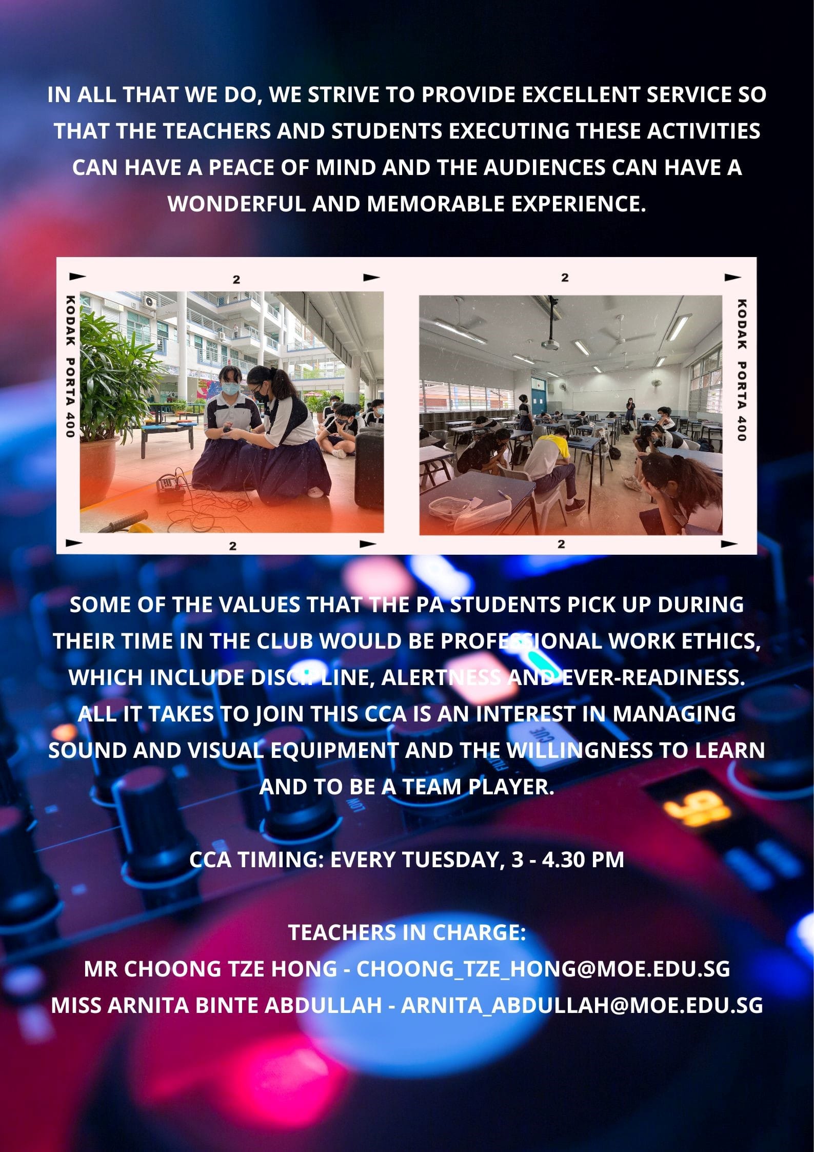 Flyer for a school PA club CCA with two film-strip photos of students working indoors and contact details.