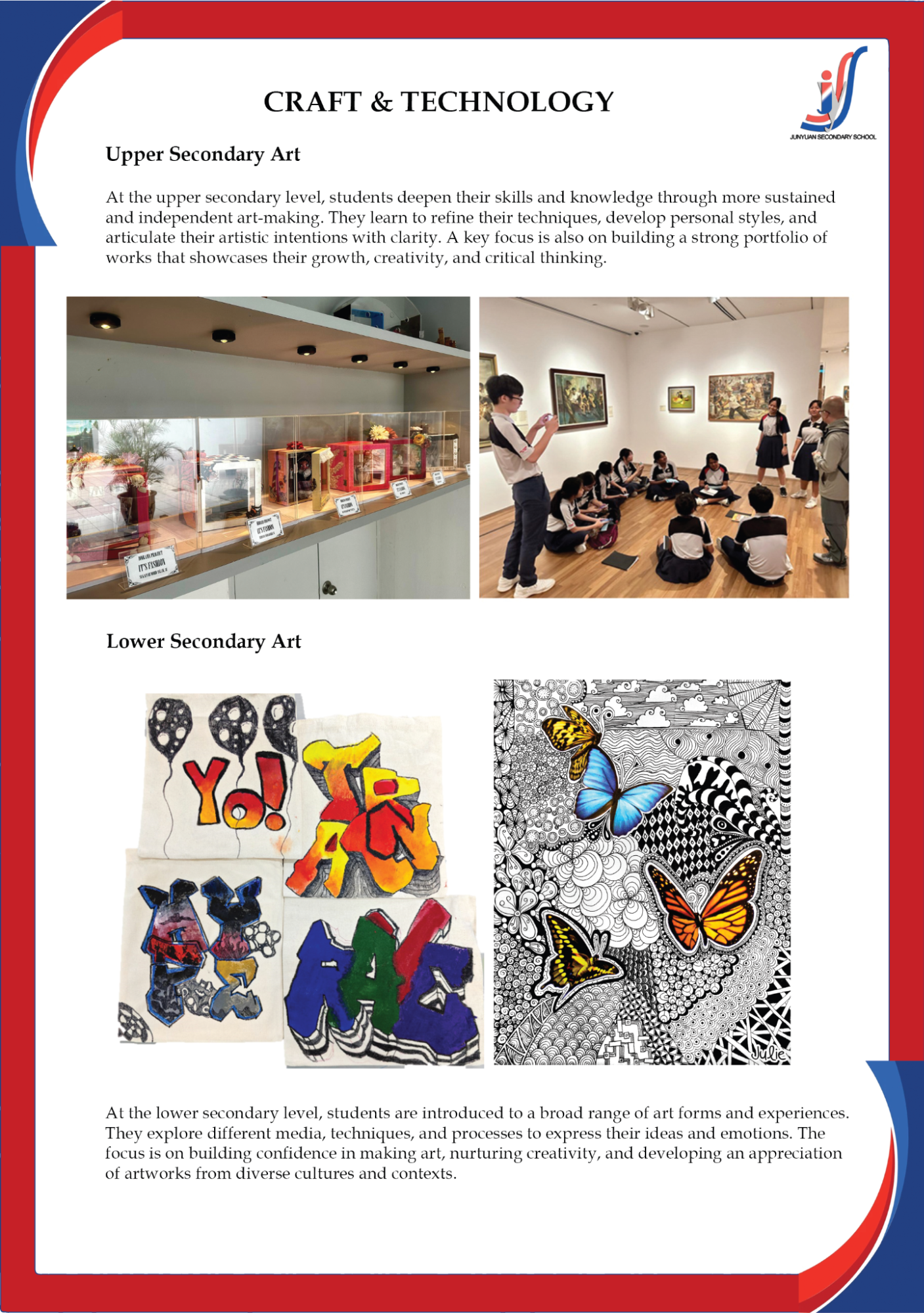 A school flyer showing student art displays, a gallery visit, graffiti-style drawings, and butterfly zentangle artwork.
