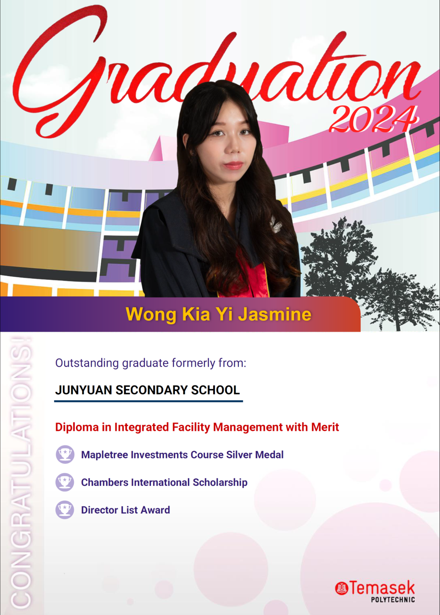 Temasek Polytechnic Graduation 2024 certificate for Wong Kia Yi Jasmine in graduation gown with awards listed.