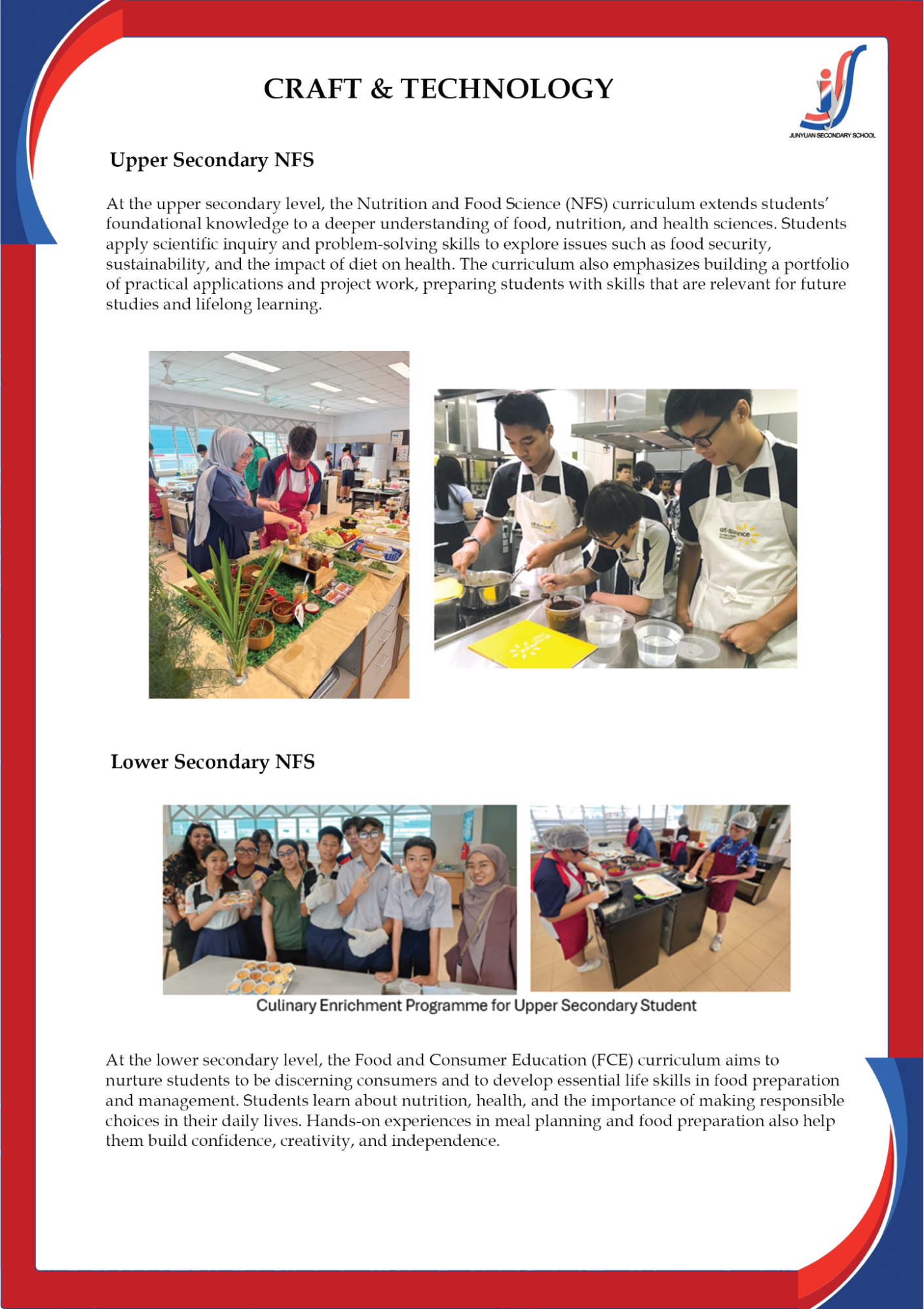 School flyer titled Craft and Technology showing students cooking in a kitchen for NFS and FCE programs.