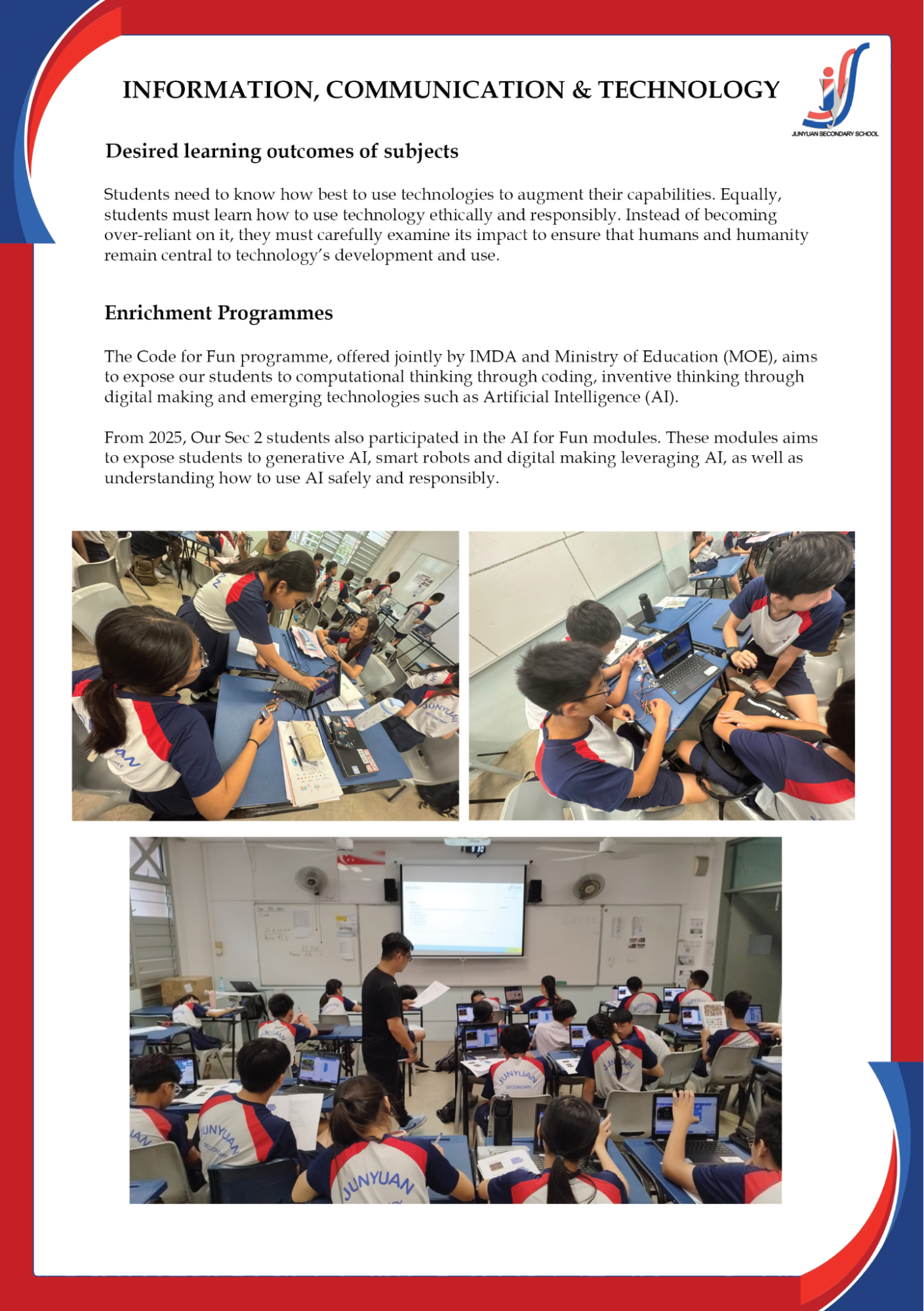A school flyer about ICT with photos of students in uniforms working on laptops and devices in classroom settings.