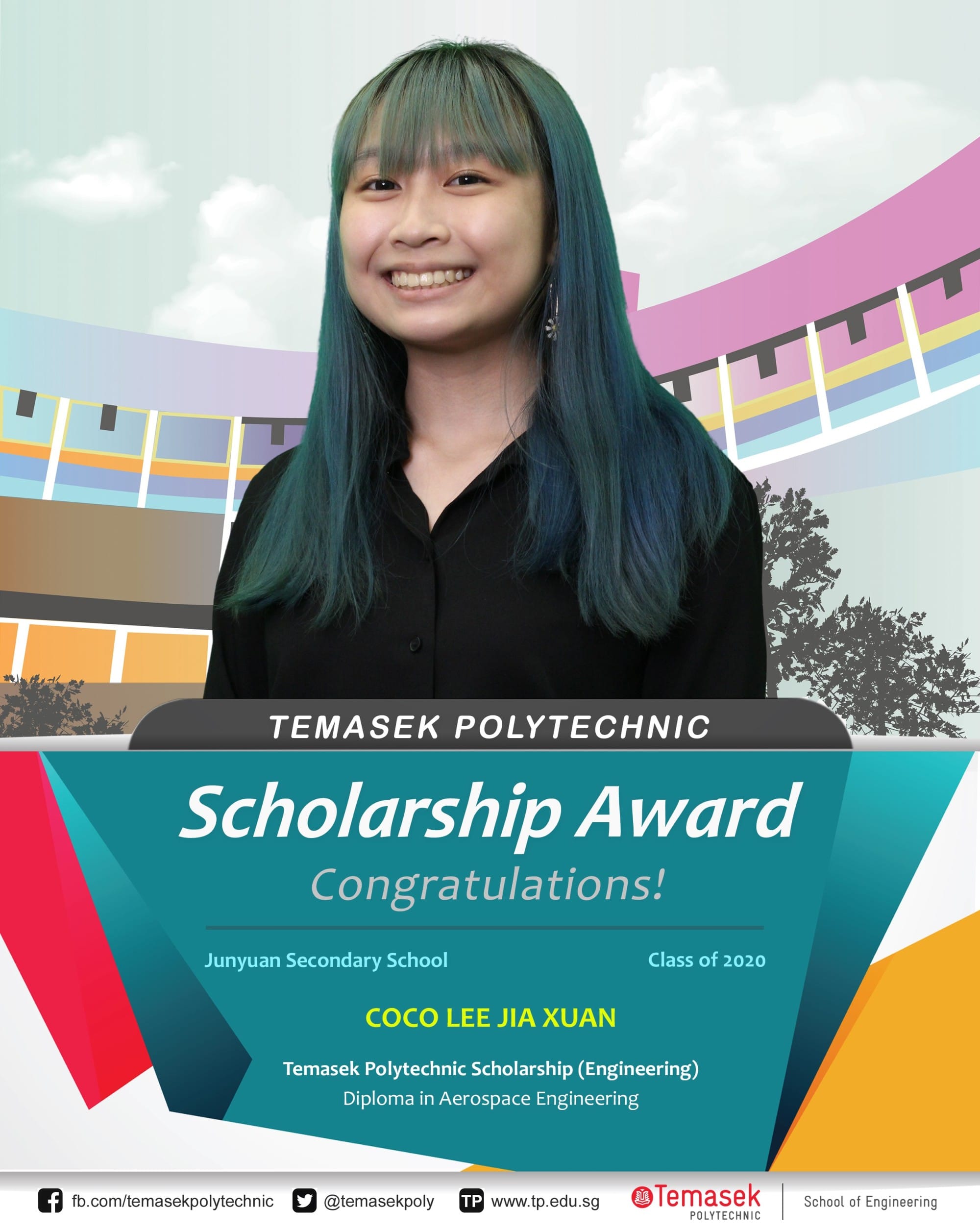 Smiling young woman with teal hair on a Temasek Polytechnic Scholarship Award card for Coco Lee Jia Xuan.