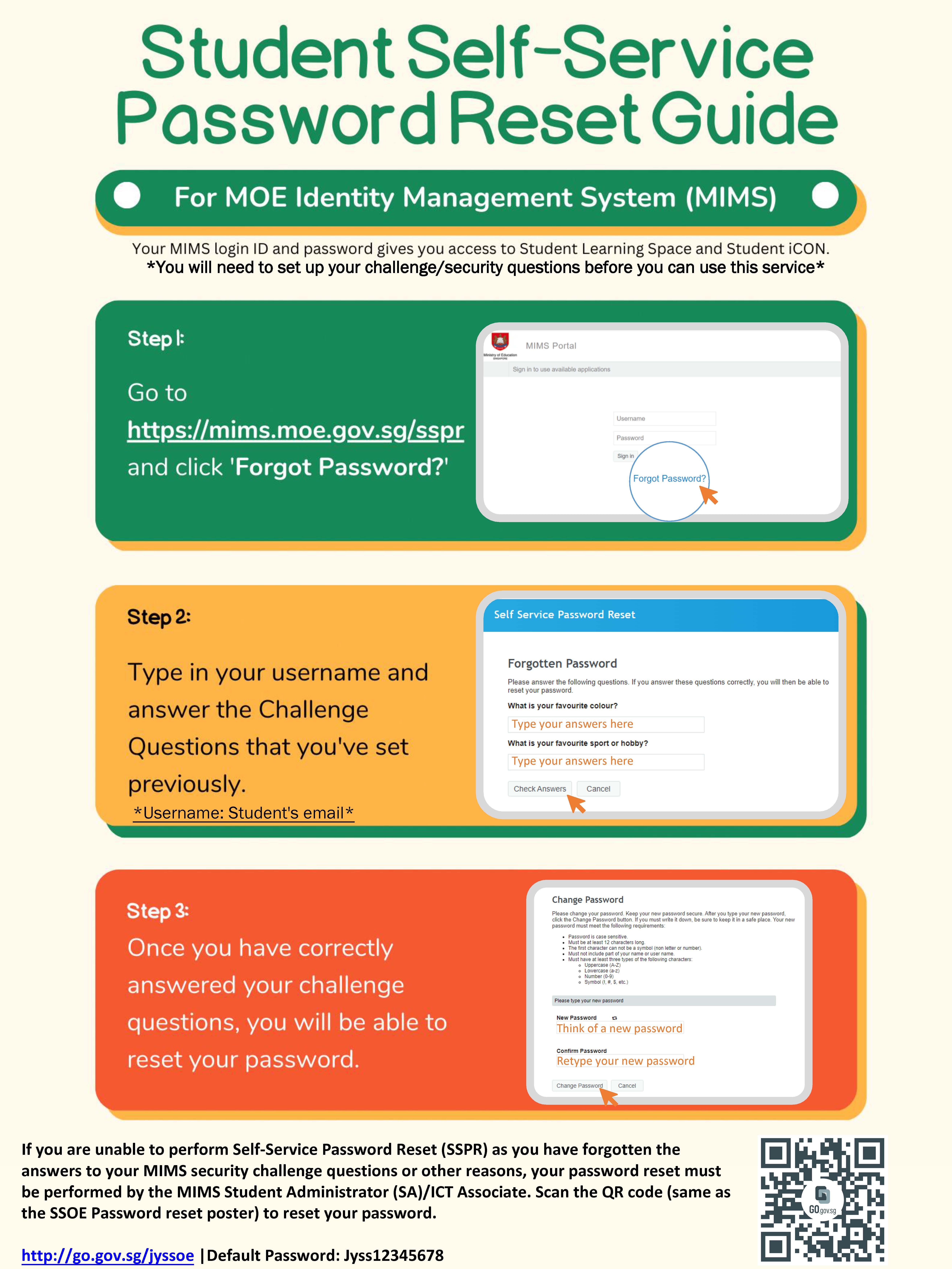 Three-step Student Self-Service Password Reset Guide for MOE MIMS system with screenshots and a QR code.