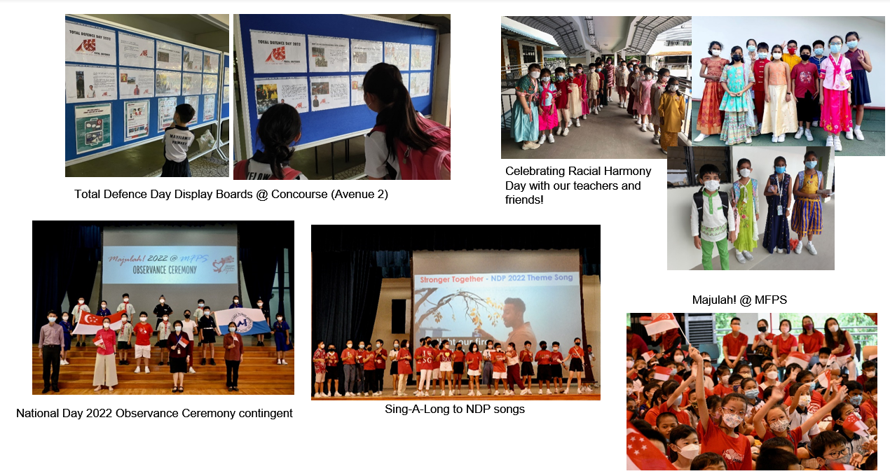 A collage of school events including Total Defence Day displays, Racial Harmony Day costumes, and National Day 2022 celebrations.