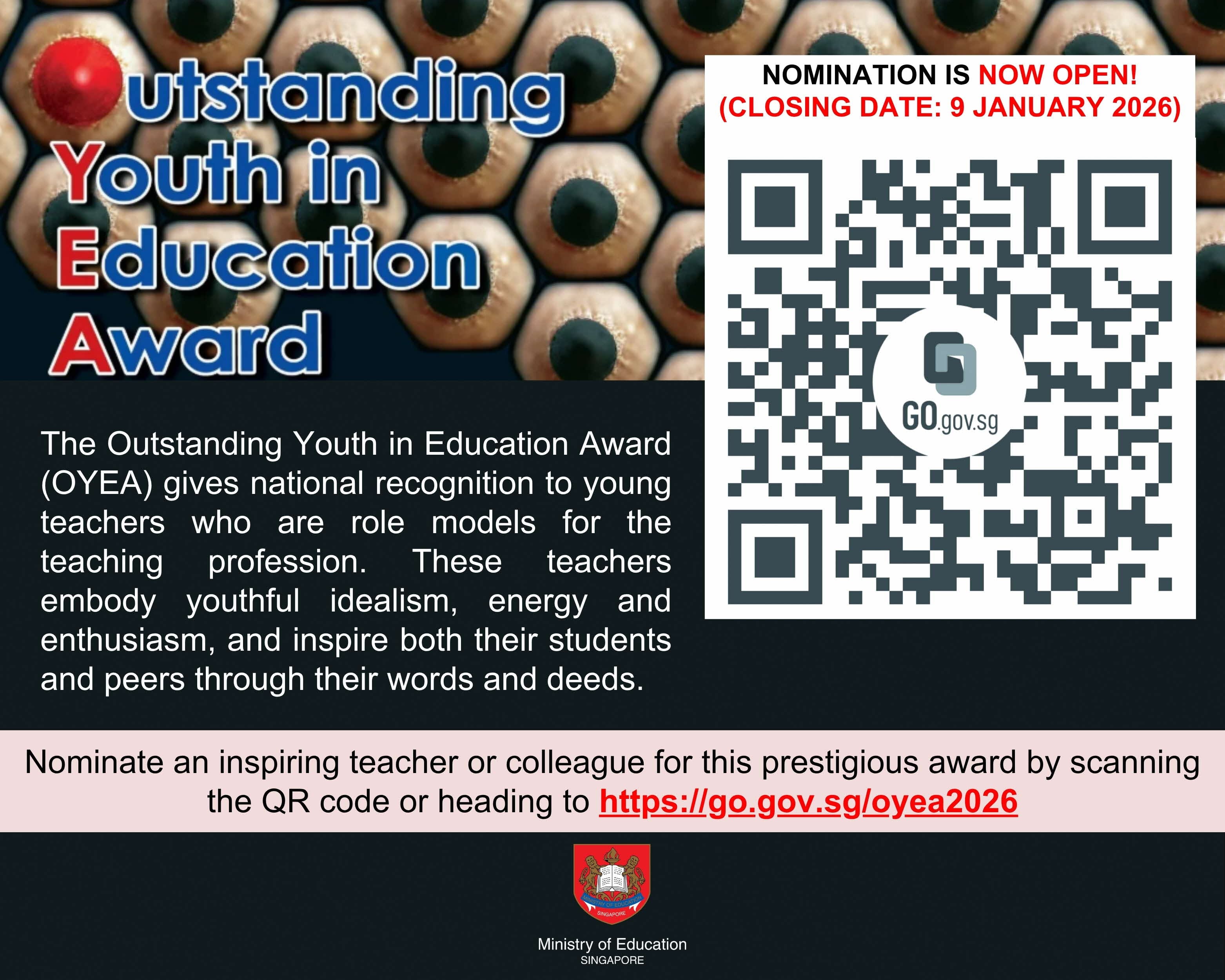 Flyer for Singapore's Outstanding Youth in Education Award with a QR code and nomination closing date of 9 January 2026.