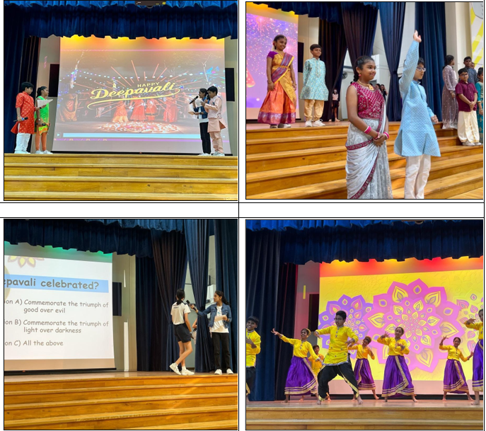 Four scenes from a Deepavali school celebration showing students on stage in traditional attire, a quiz, and a dance performance.