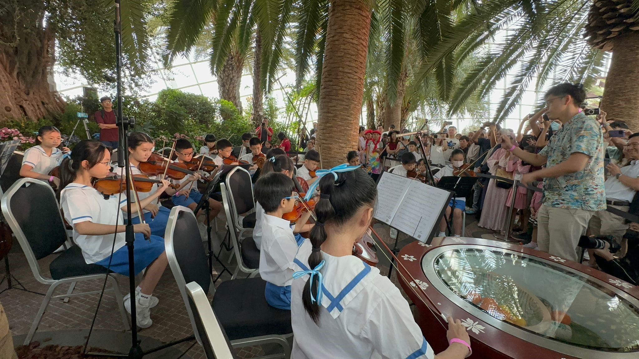 Children in school uniforms play violins outdoors under palm trees, led by a conductor, with a crowd watching.