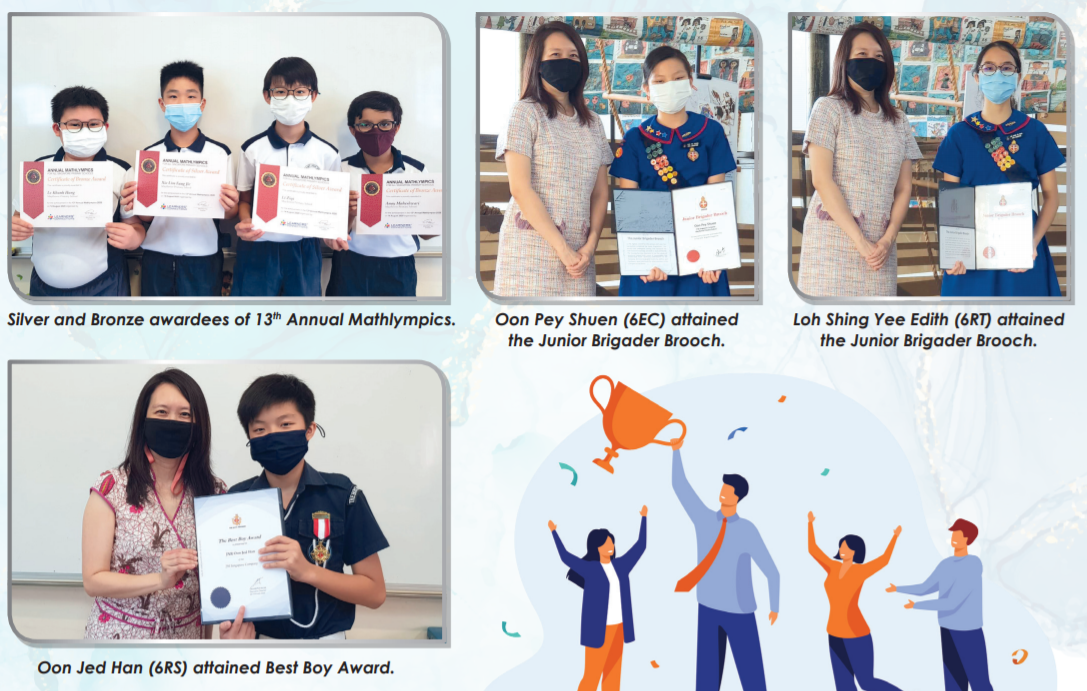 Students wearing masks hold certificates for Mathlympics, Junior Brigader Brooch, and Best Boy Award achievements.