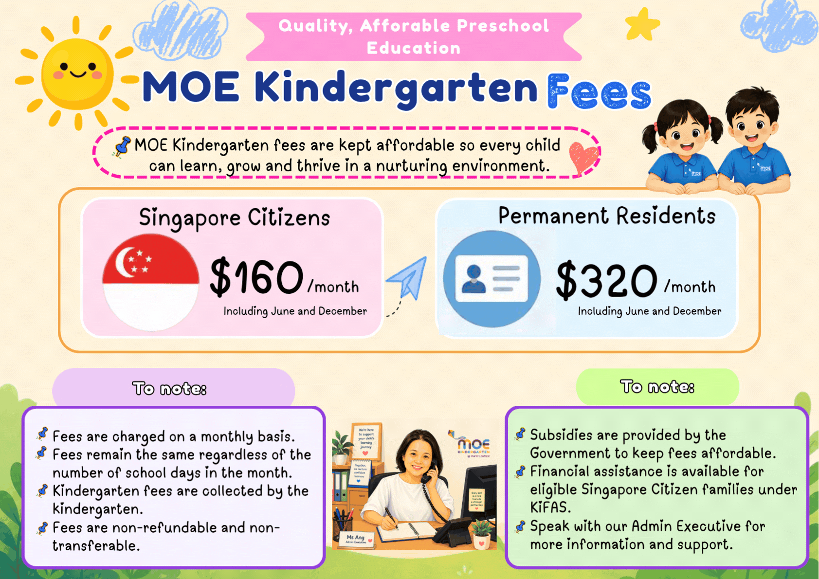 Colorful MOE Kindergarten Fees flyer showing $160/month for citizens and $320/month for permanent residents.