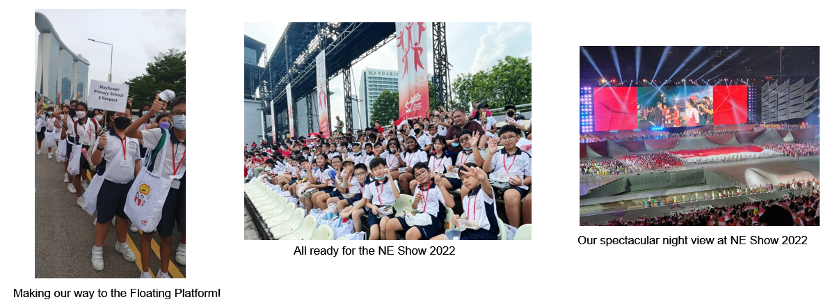 Three photos of school students attending Singapore's NE Show 2022, from walking to venue to night event.