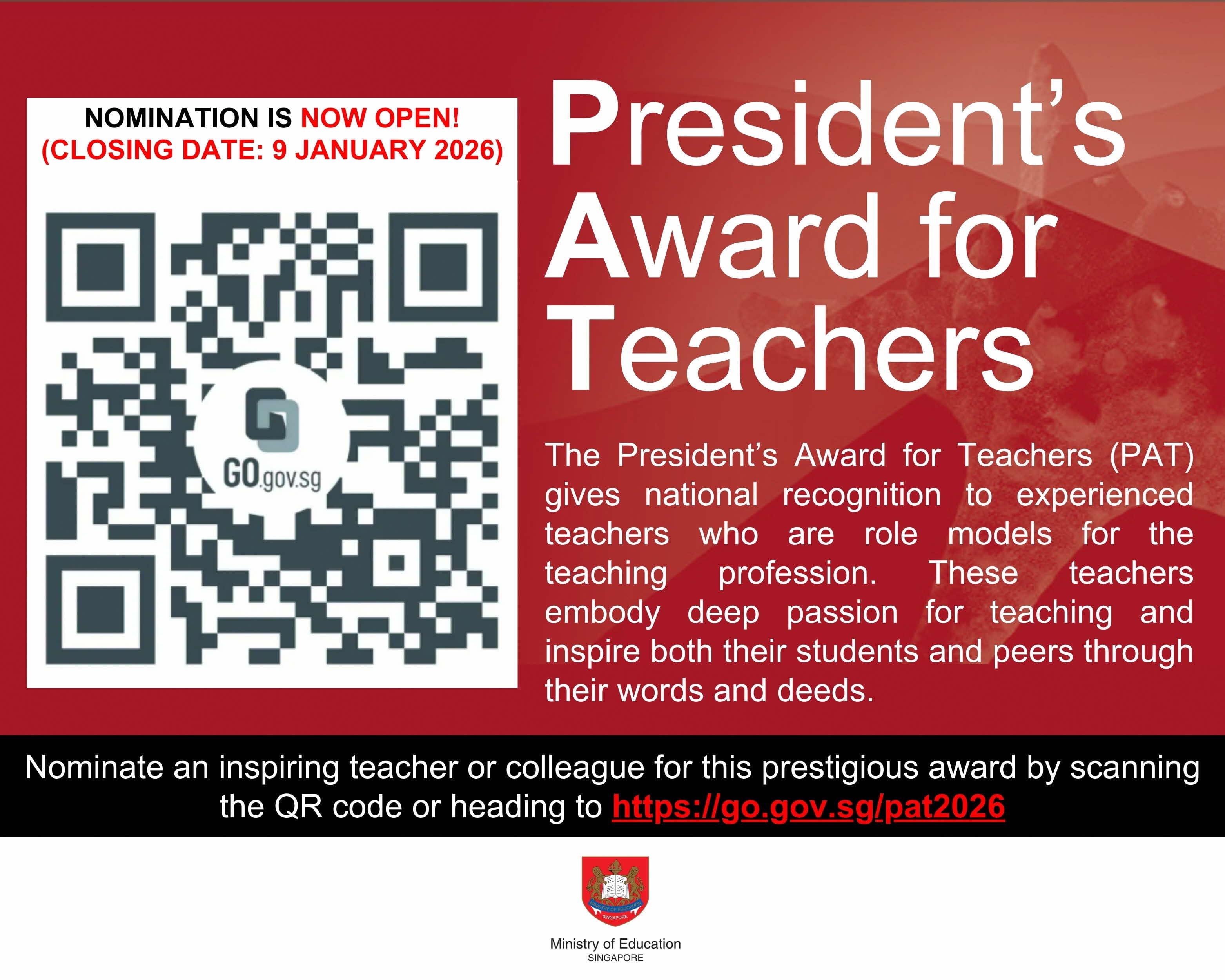 Flyer for Singapore's President's Award for Teachers with a QR code, closing date 9 January 2026.