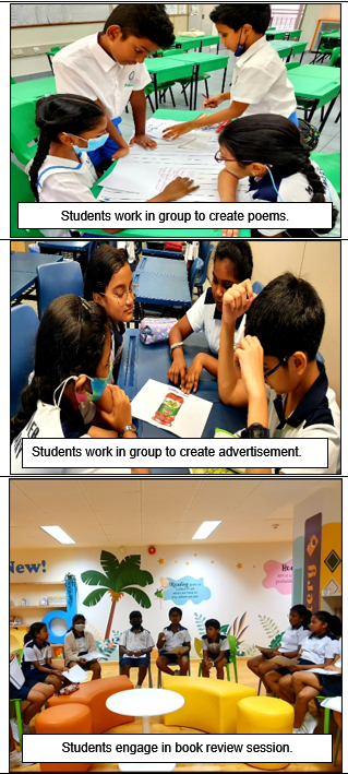 Three classroom scenes show students collaborating on poems, creating advertisements, and holding a book review session.