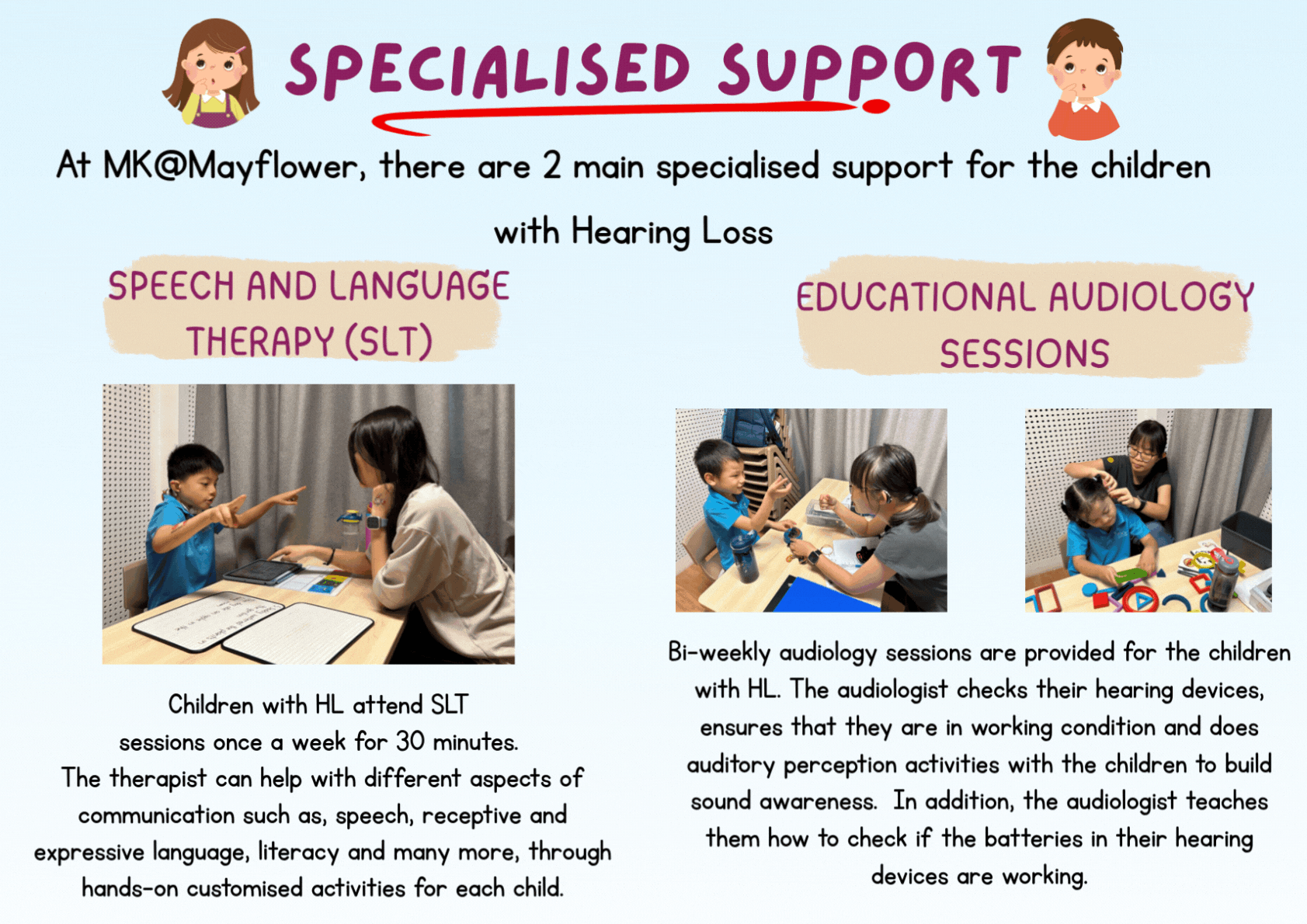 Flyer about specialised support at MK@Mayflower showing SLT and audiology sessions for children with hearing loss.