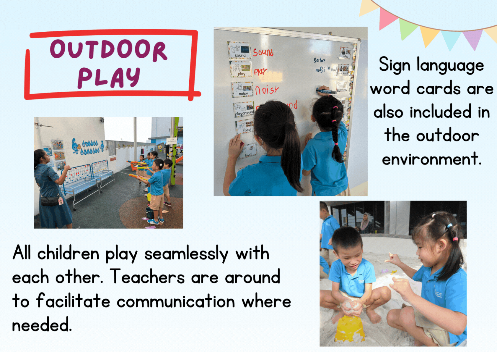 Outdoor play flyer showing children in blue uniforms playing, writing on a whiteboard, and playing in sand.
