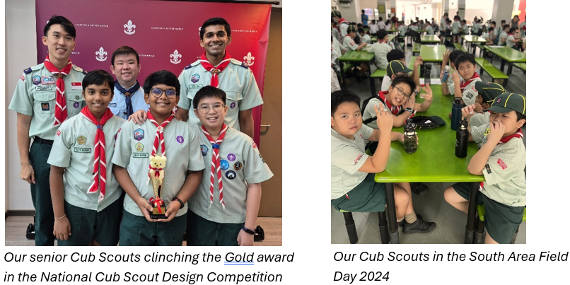 Six scouts in uniform pose with a trophy on the left; young scouts sit at green tables on the right.