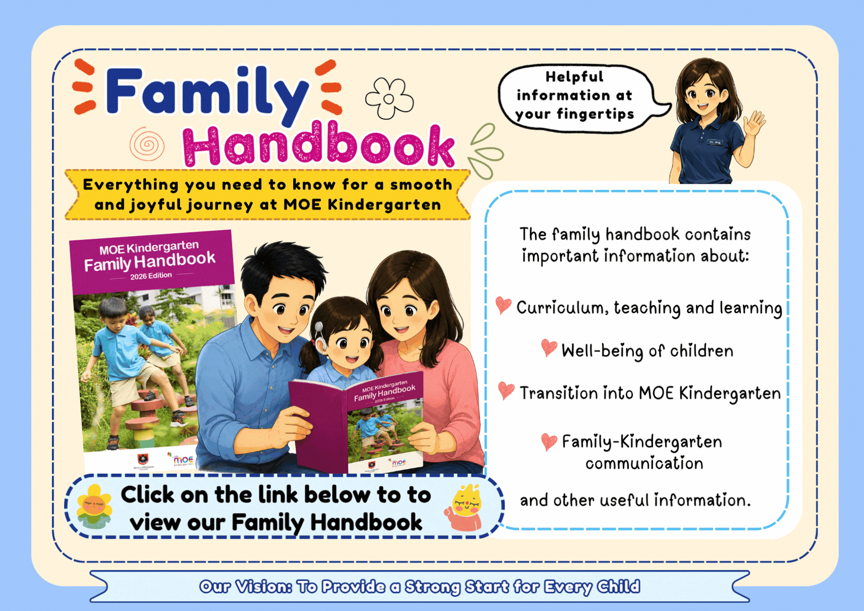 Colorful MOE Kindergarten Family Handbook promotional flyer with cartoon family and bullet points on handbook contents.
