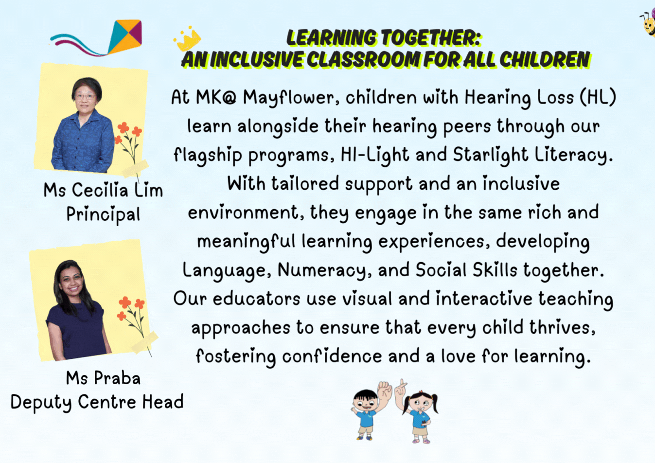 Flyer titled Learning Together showing photos of Principal Ms Cecilia Lim and Deputy Ms Praba with inclusive classroom text.