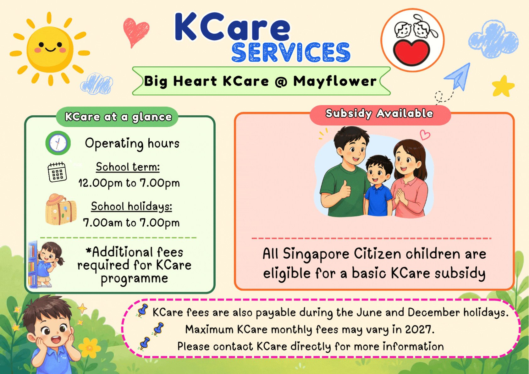 Colorful flyer for Big Heart KCare at Mayflower showing operating hours, subsidy info, and cartoon family with child.