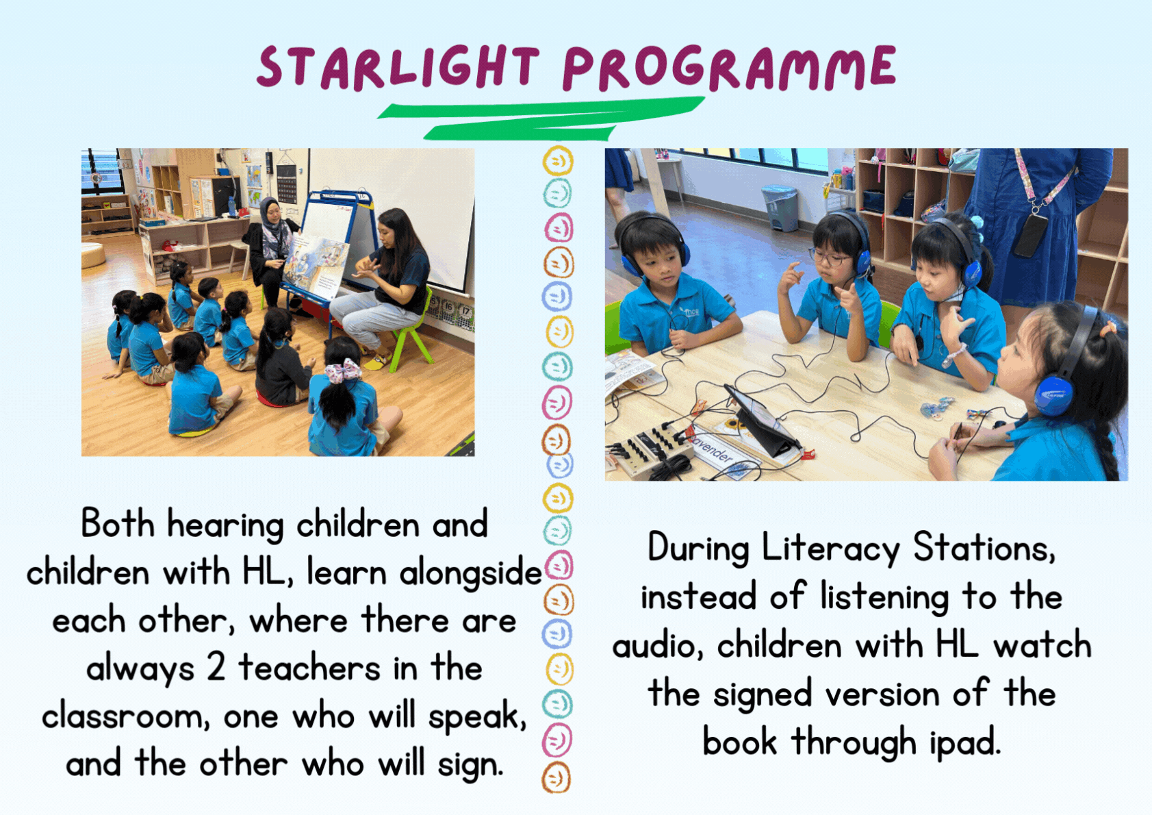 Starlight Programme flyer showing children learning with teachers signing, and kids using headphones with tablets.