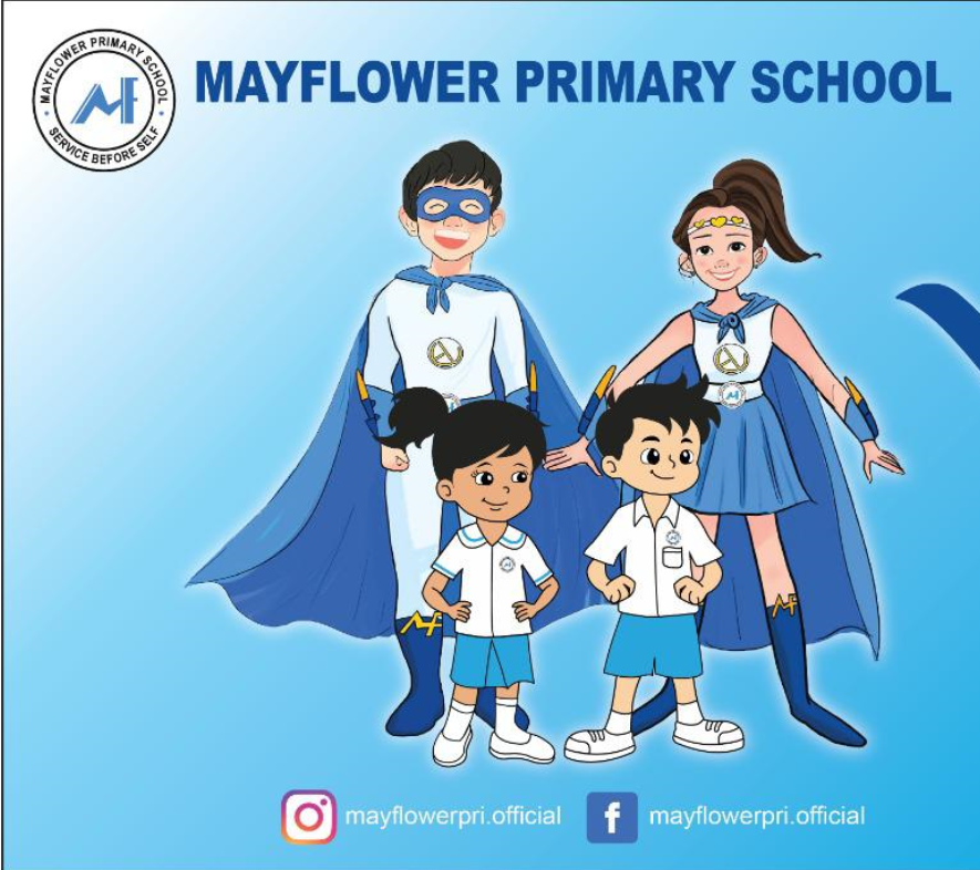Four cartoon children in blue superhero capes and school uniforms under the Mayflower Primary School heading.