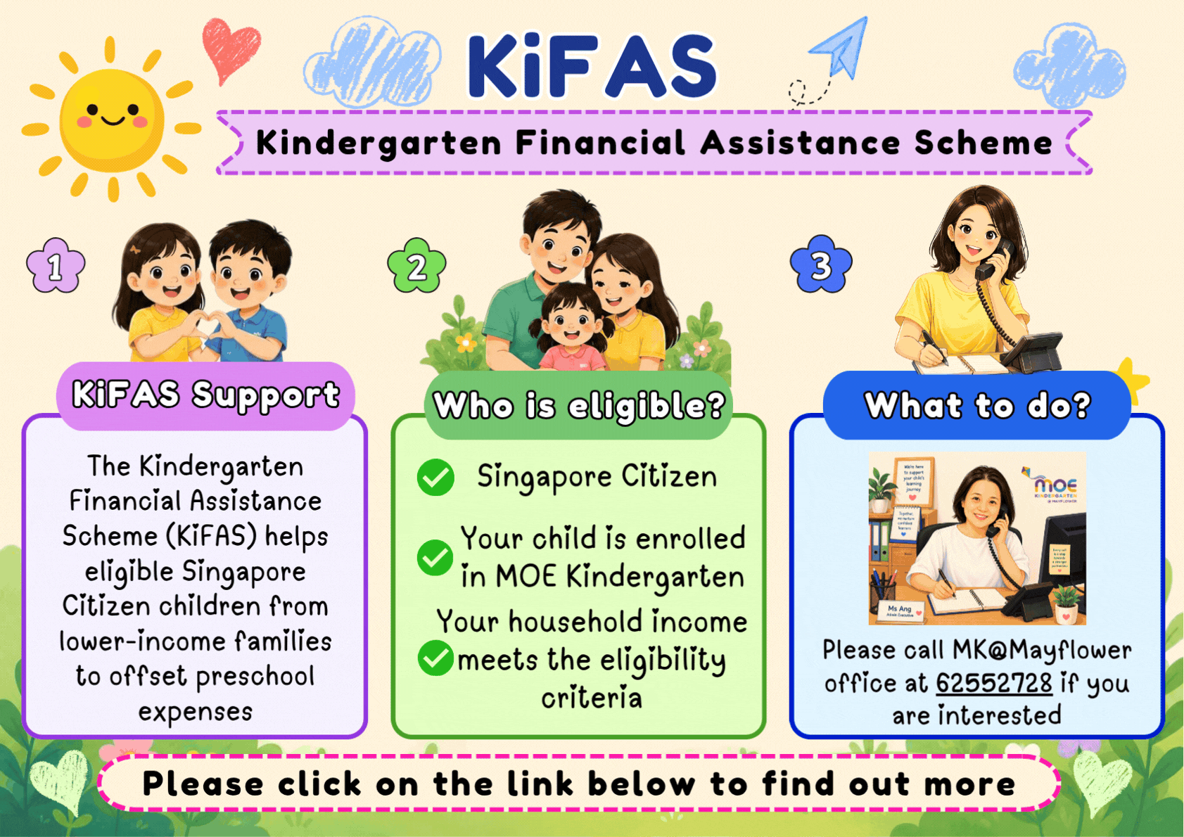 Colorful KiFAS flyer explaining the Kindergarten Financial Assistance Scheme for Singapore citizens at MOE kindergartens.