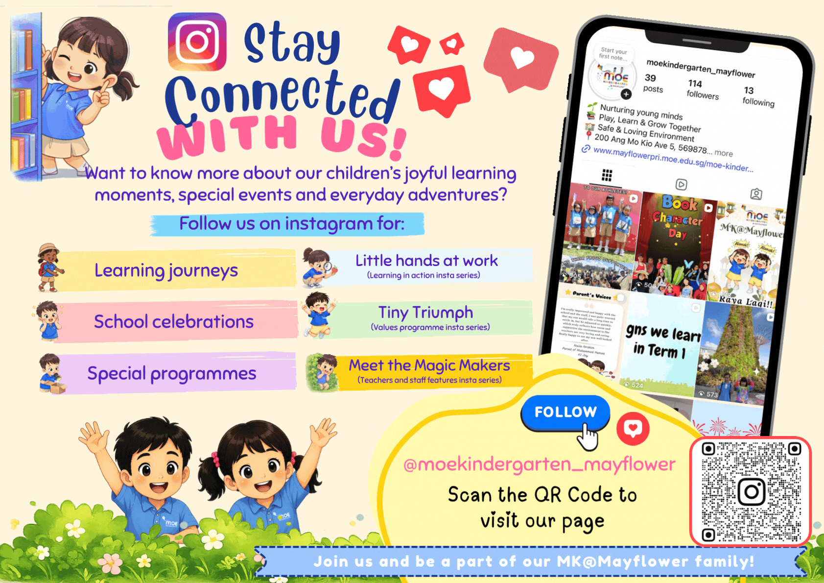 Colorful flyer for MOE Kindergarten Mayflower's Instagram page, showing cartoon children, a phone mockup, and a QR code.