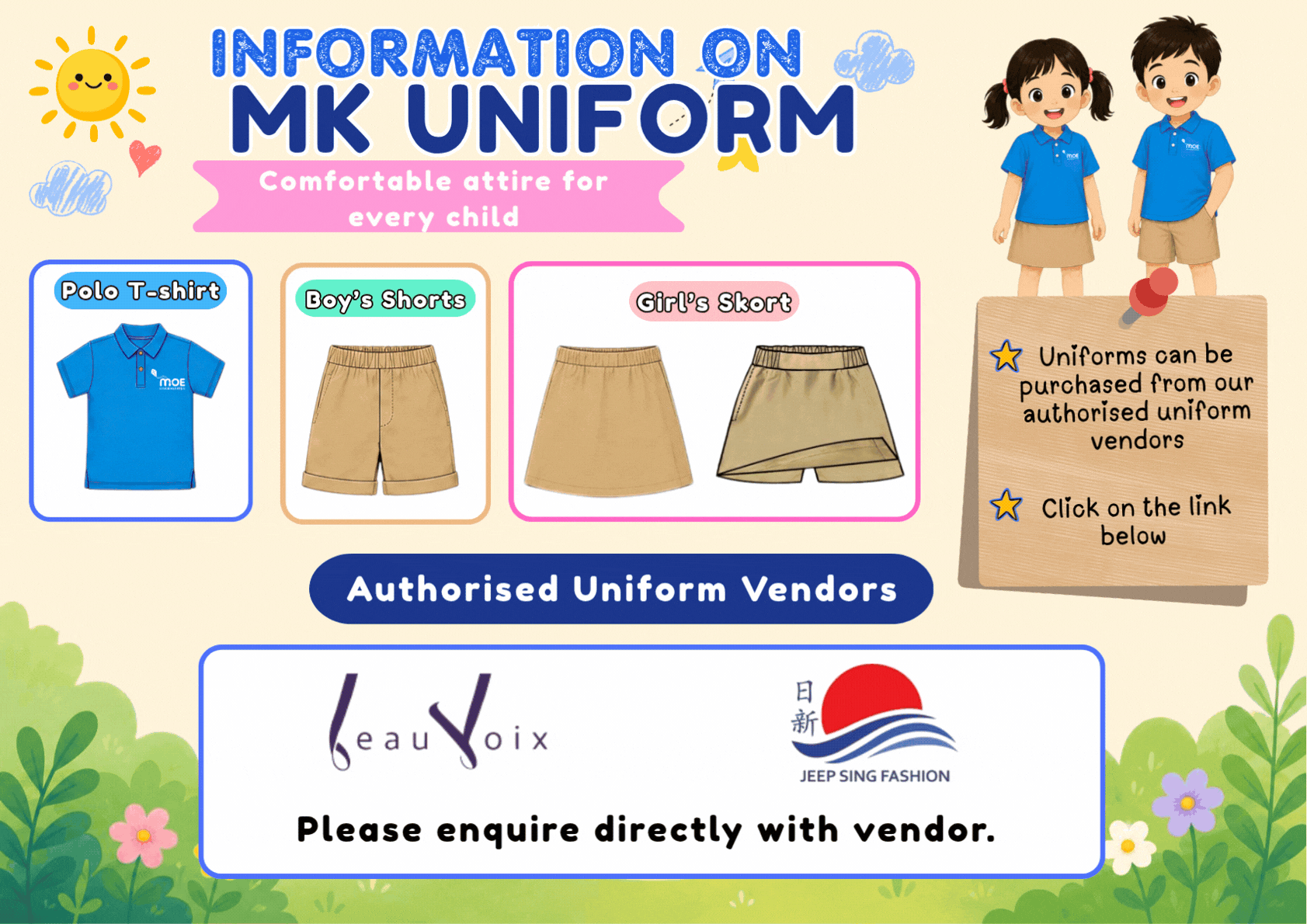 Flyer showing MK school uniform details: blue polo shirt, beige shorts, skort, with two cartoon children and vendor info.