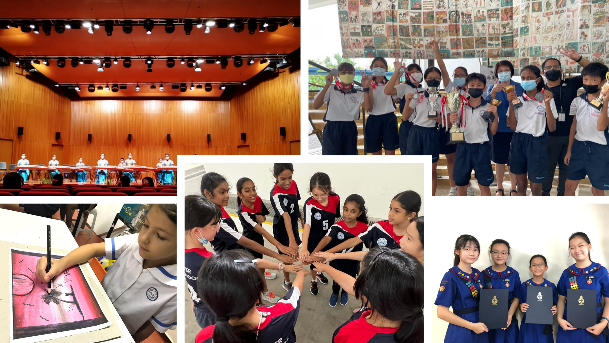 Five photos showing school students performing on stage, holding trophies, doing art, huddling as a sports team, and posing in uniforms.