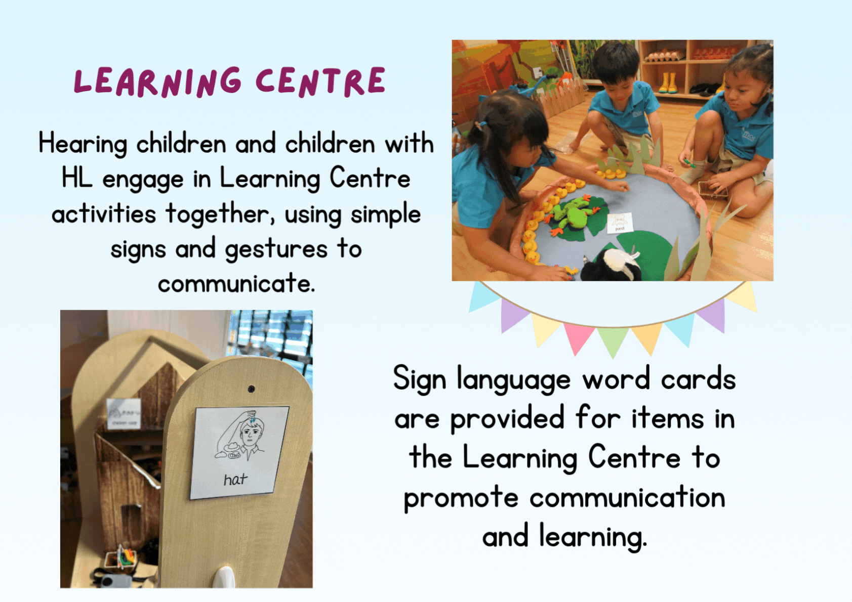 Flyer showing children at a Learning Centre using sign language cards, with text about inclusive communication activities.