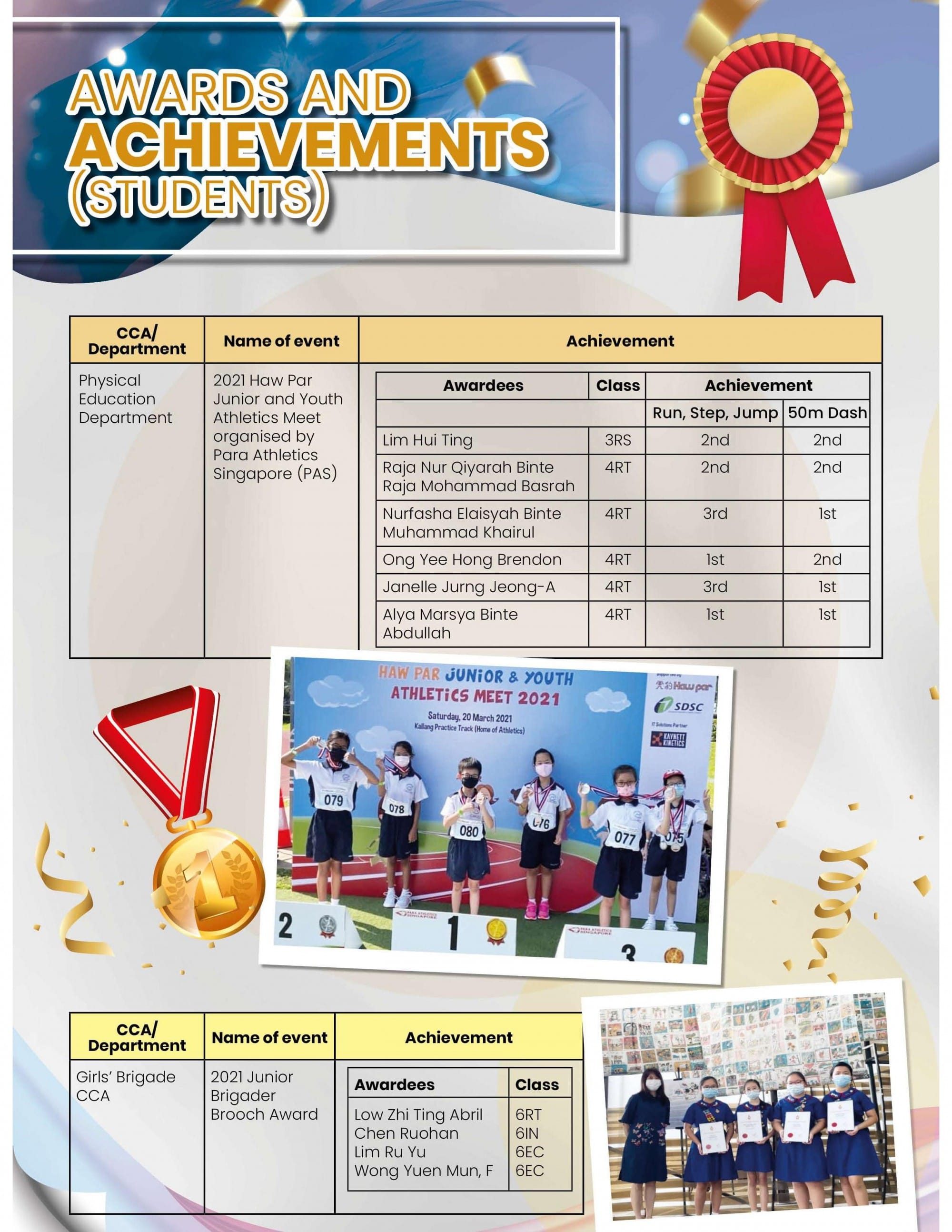 Poster titled Awards and Achievements Students listing student winners from a 2021 athletics meet and Girls Brigade awards.
