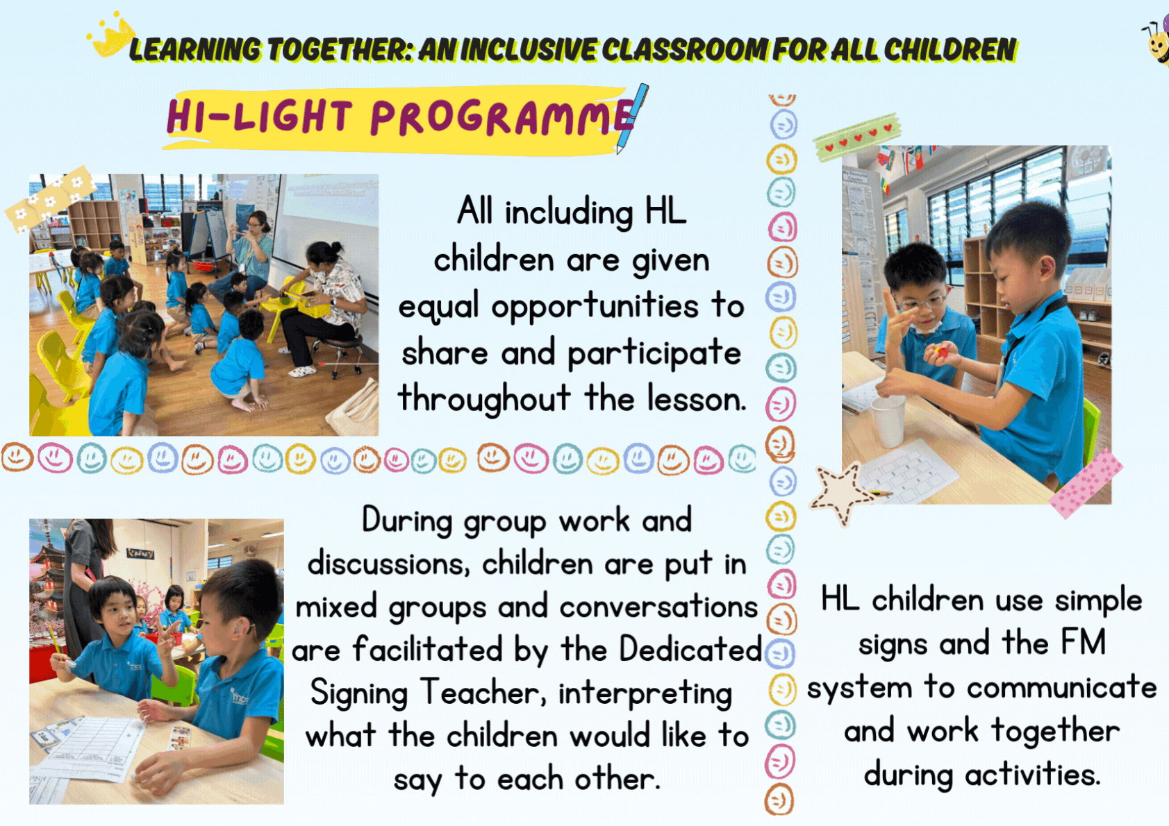 Flyer about the Hi-Light Programme showing children in blue uniforms learning together in an inclusive classroom.