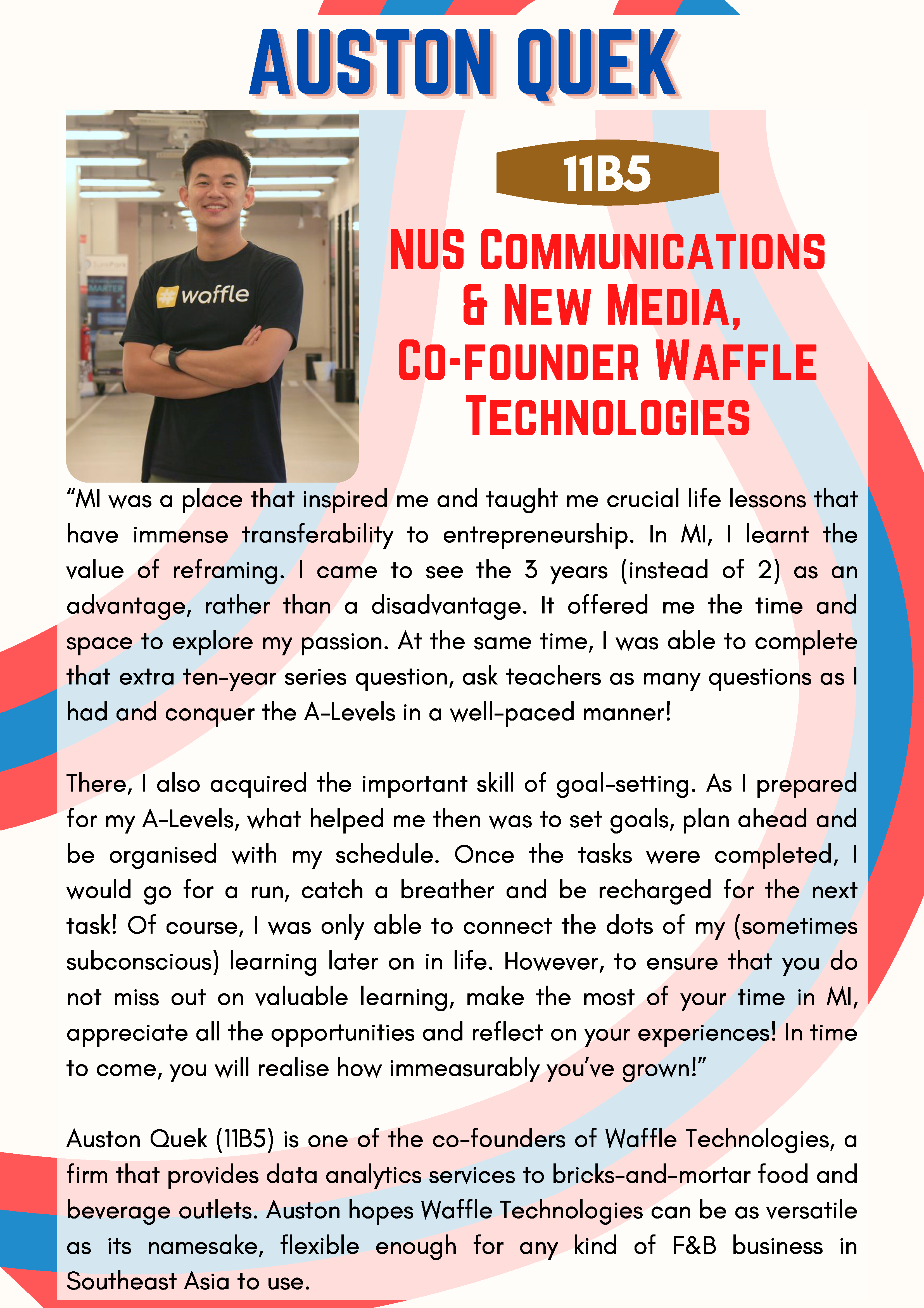 Profile card of Auston Quek, smiling man in a Waffle shirt with arms crossed, with text about his career.