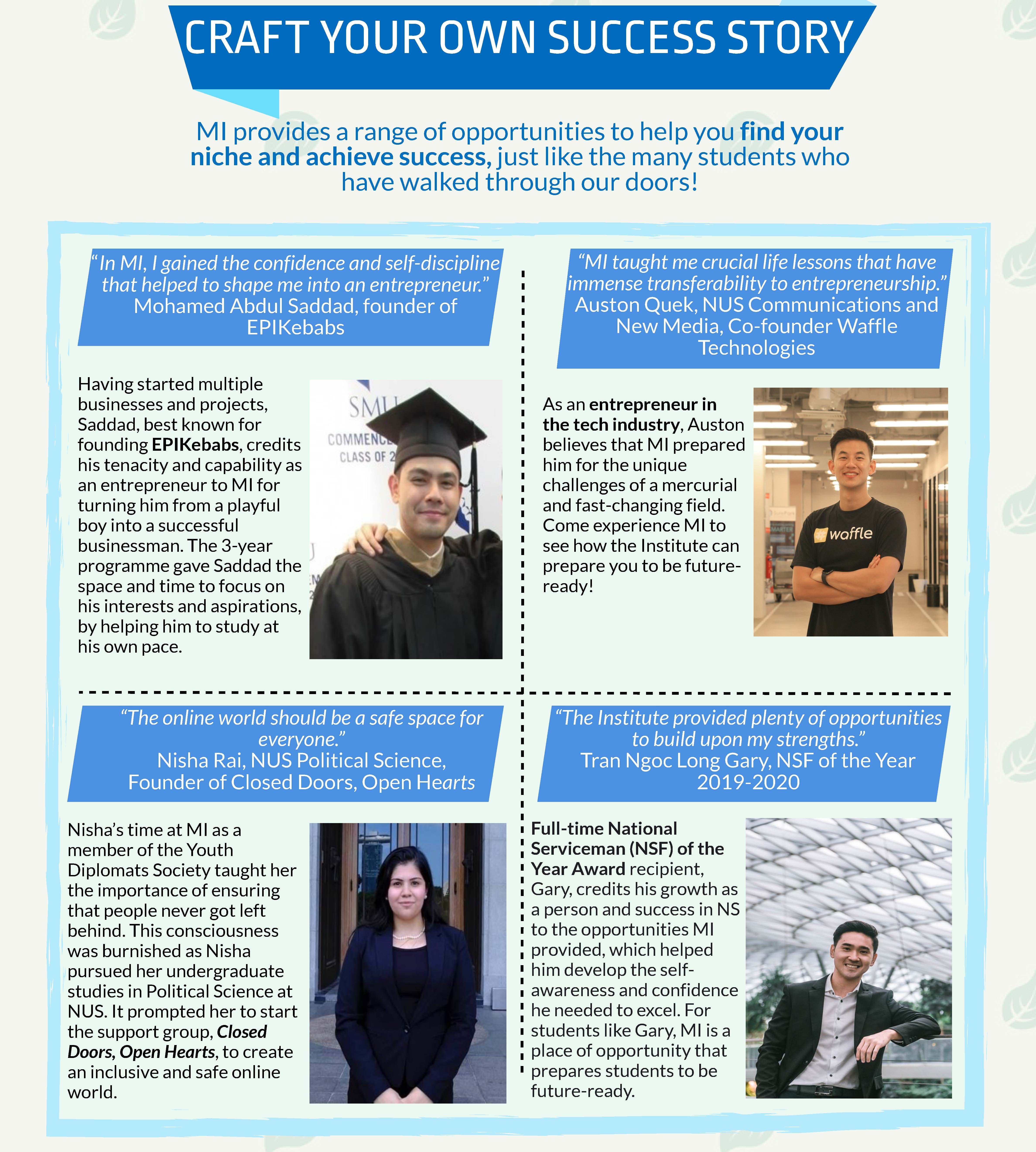 Flyer titled Craft Your Own Success Story featuring four student testimonials with photos about MI opportunities.