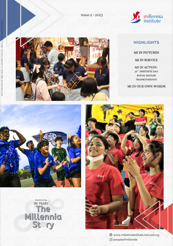 Millennia Institute 2023 newsletter cover showing students at school events, cheering in blue and red shirts.