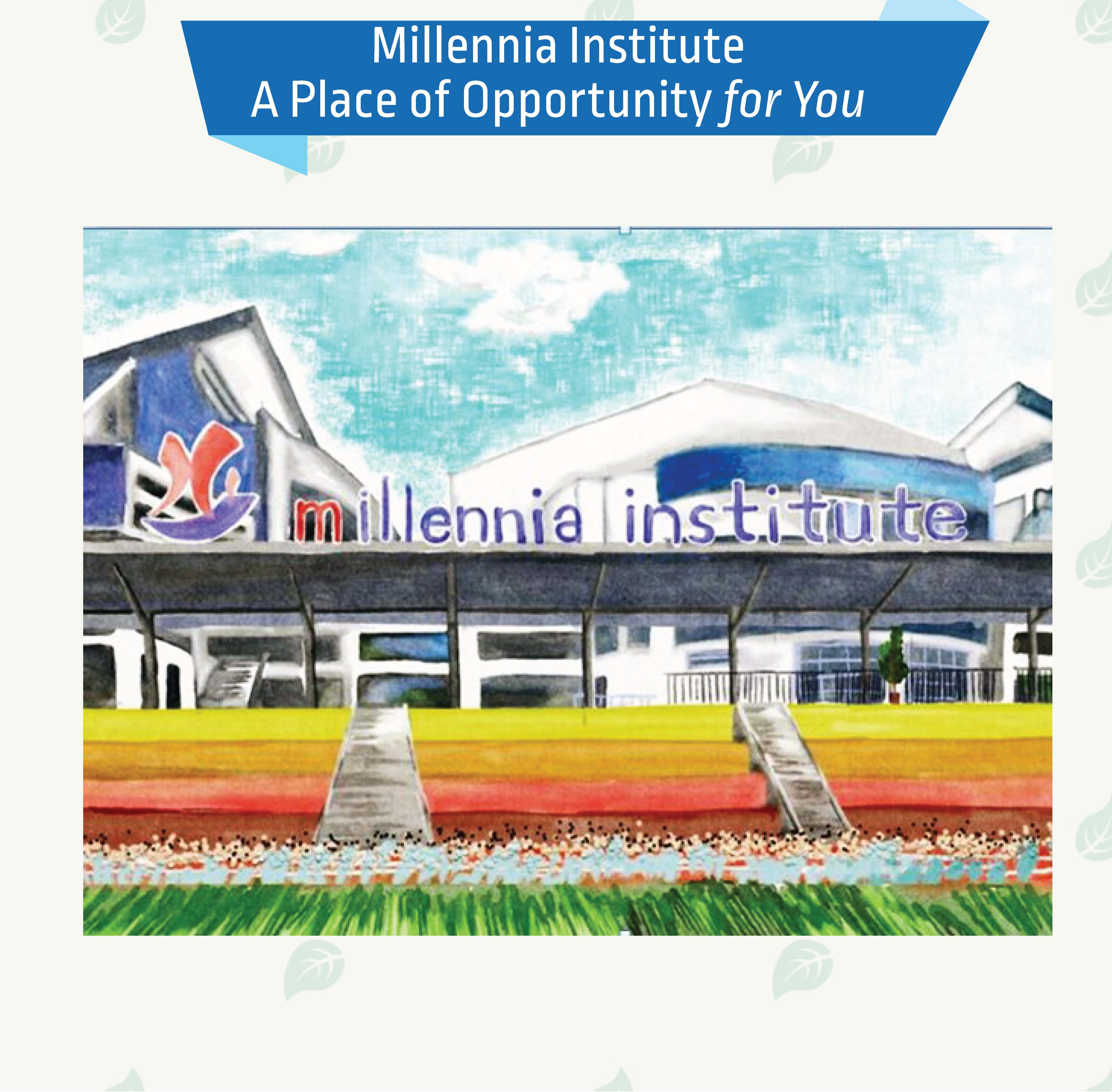 Colorful illustrated drawing of Millennia Institute building exterior with signage, colorful steps, and green lawn foreground.