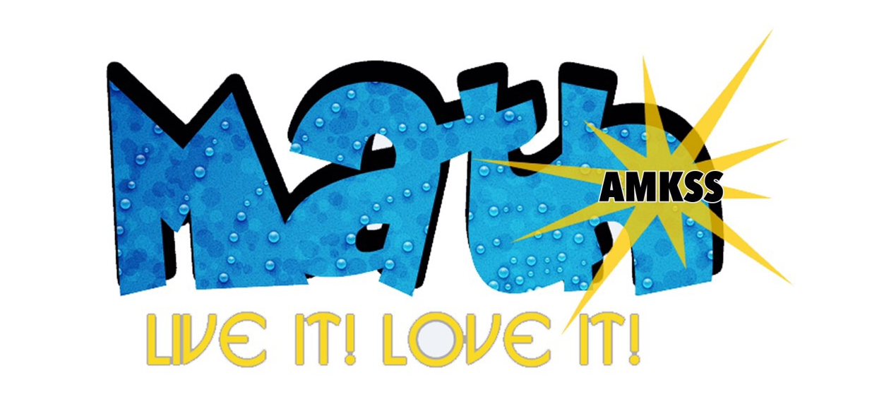 Bold blue graffiti-style text reading Math with AMKSS in a yellow starburst and tagline Live It Love It below.