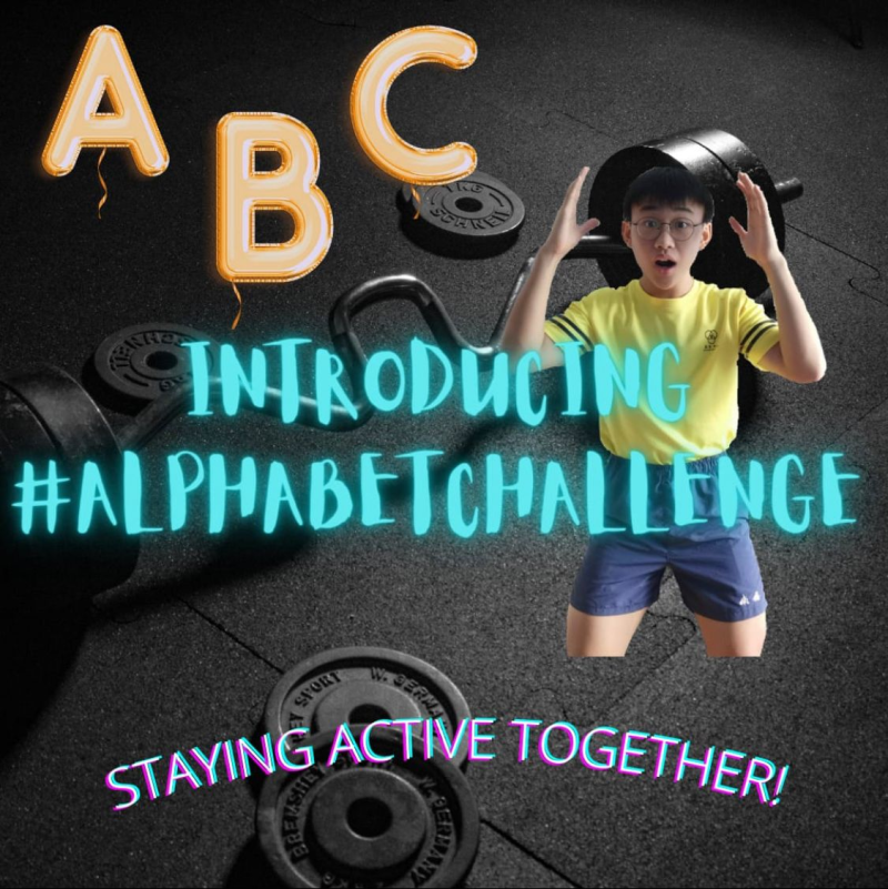 Promotional poster for AlphabetChallenge featuring a surprised young person in a yellow shirt surrounded by gym weights.