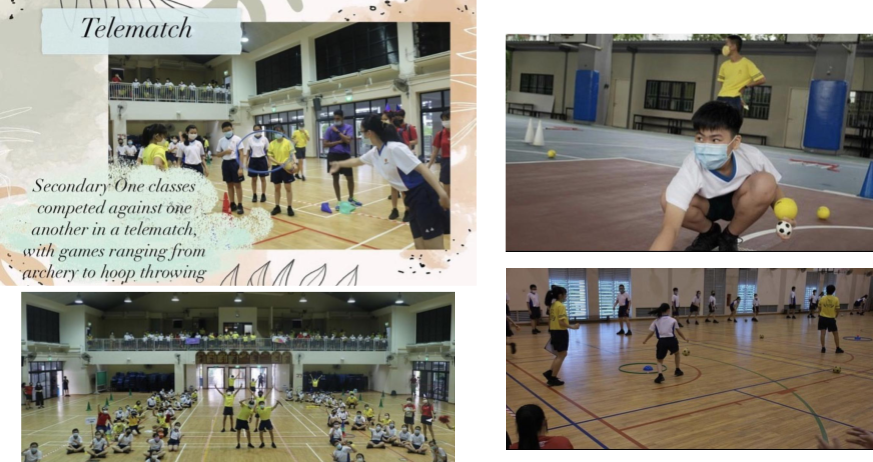 Students in masks compete in a school telematch with games including hoop throwing and ball activities indoors.