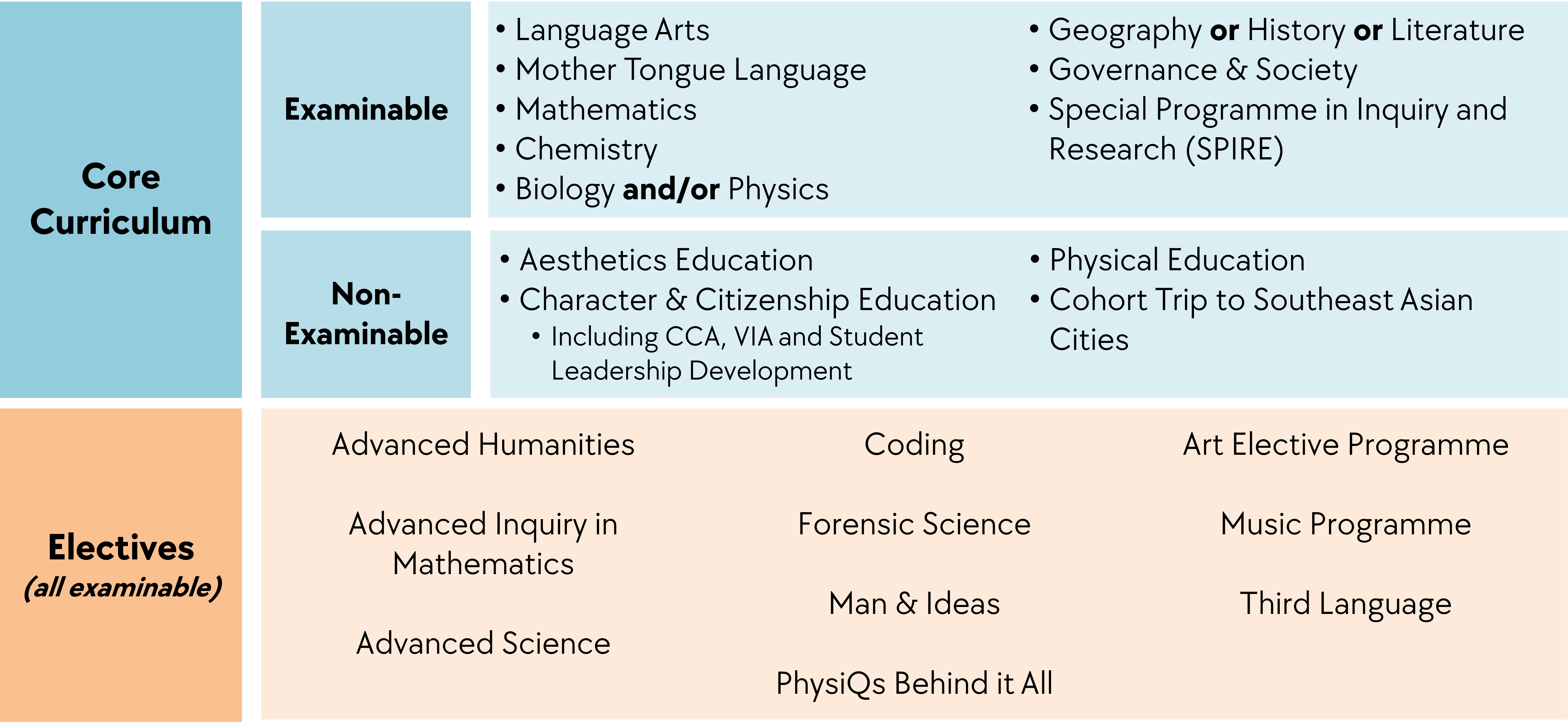 Table showing Core Curriculum with examinable and non-examinable subjects, and Electives including Advanced Sciences and Arts.
