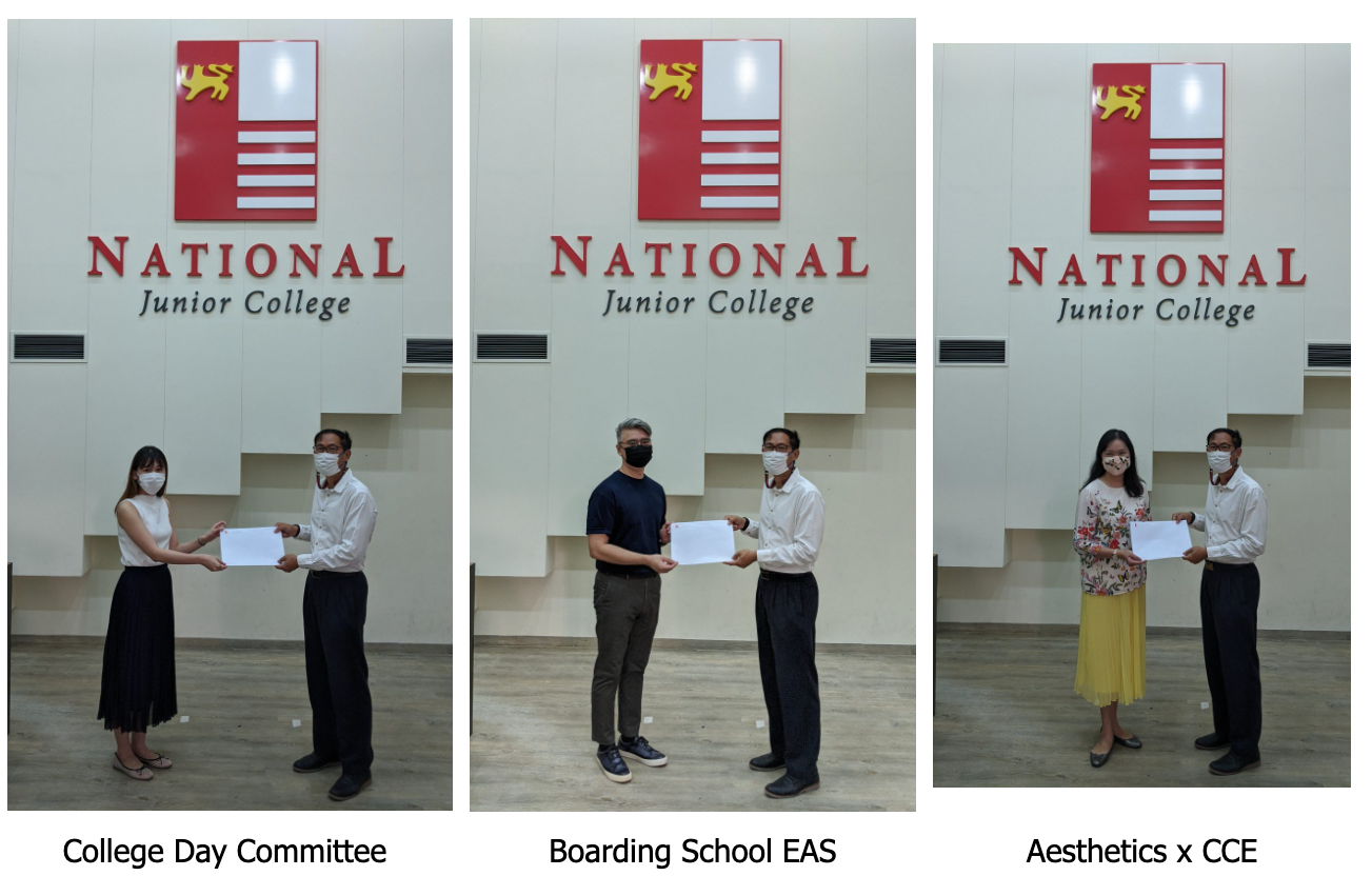 Three pairs of masked individuals exchange documents in front of a National Junior College sign in three separate photos.