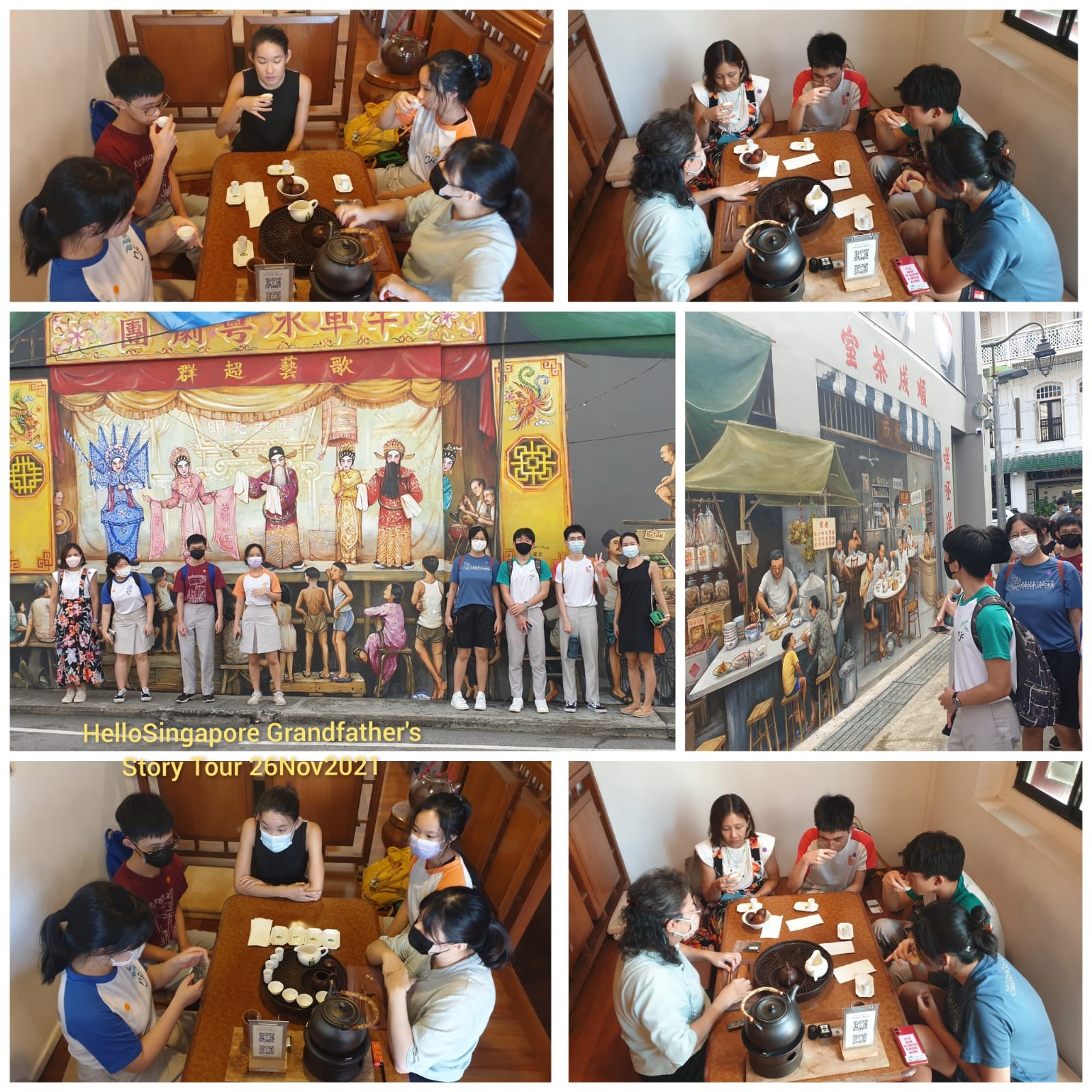 A group of masked youths on a Singapore heritage tour, drinking tea indoors and posing before colorful street murals.