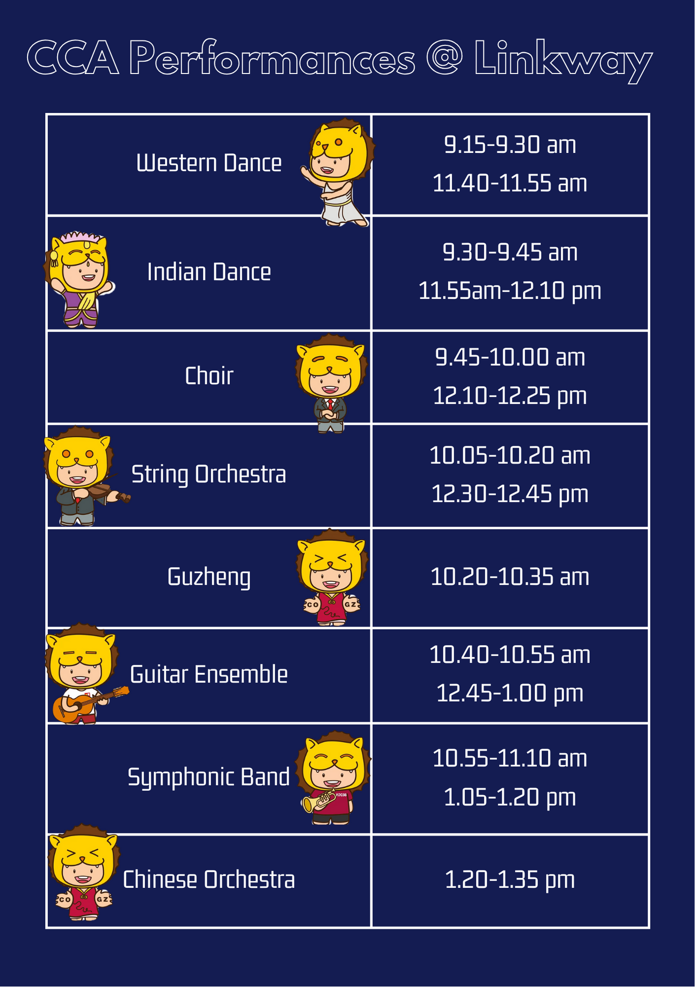Schedule of CCA Performances at Linkway listing 8 acts with their performance times throughout the day.