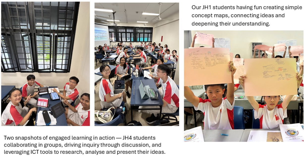 Students in school uniforms collaborate in classrooms, using tablets and holding up handwritten concept maps.