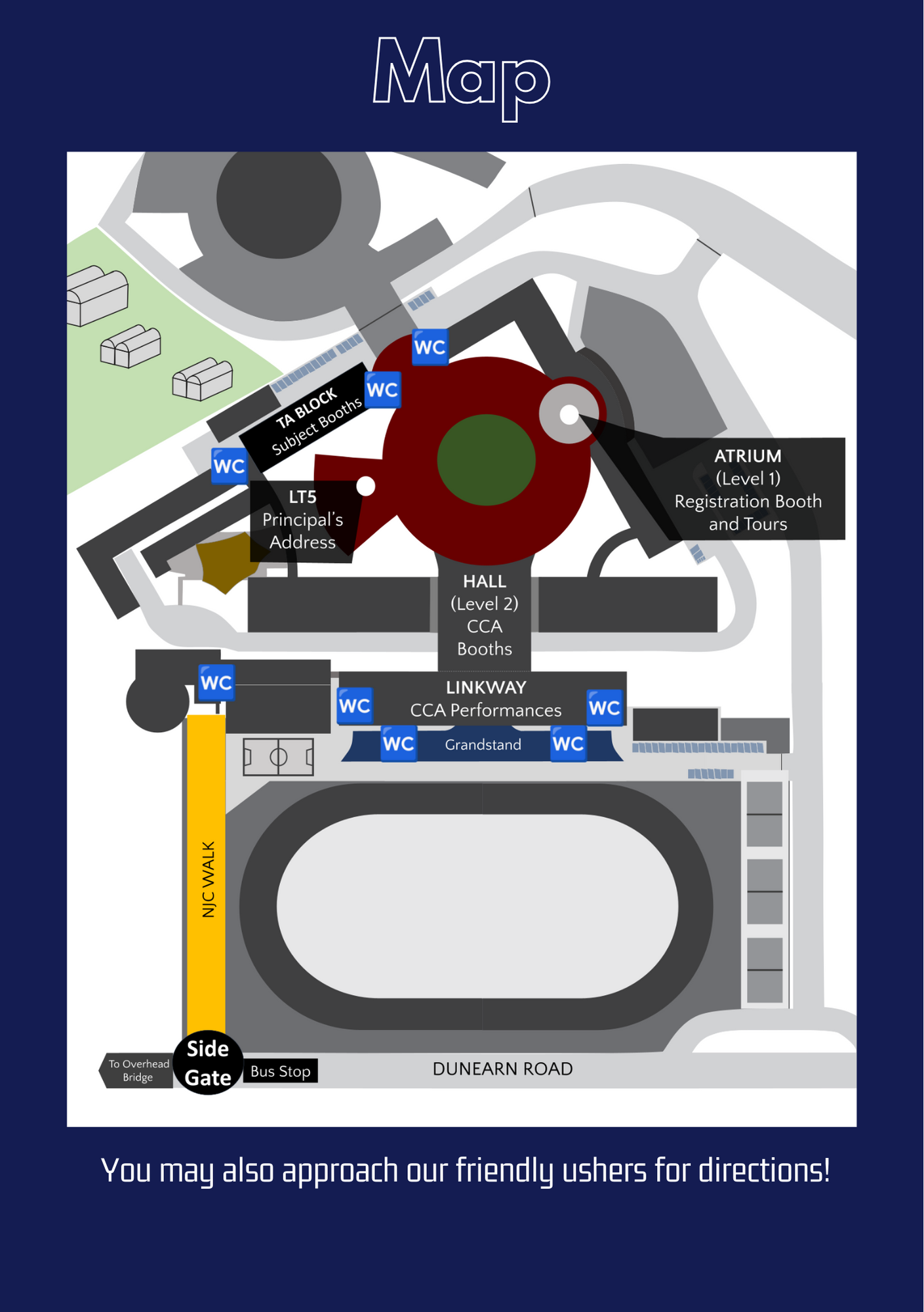 Campus map showing buildings like Atrium, Hall, TA Block, LT5, Linkway, and a track along Dunearn Road.