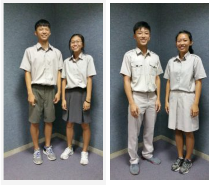 Two pairs of smiling students in gray school uniforms, showing different uniform styles in two side-by-side photos.
