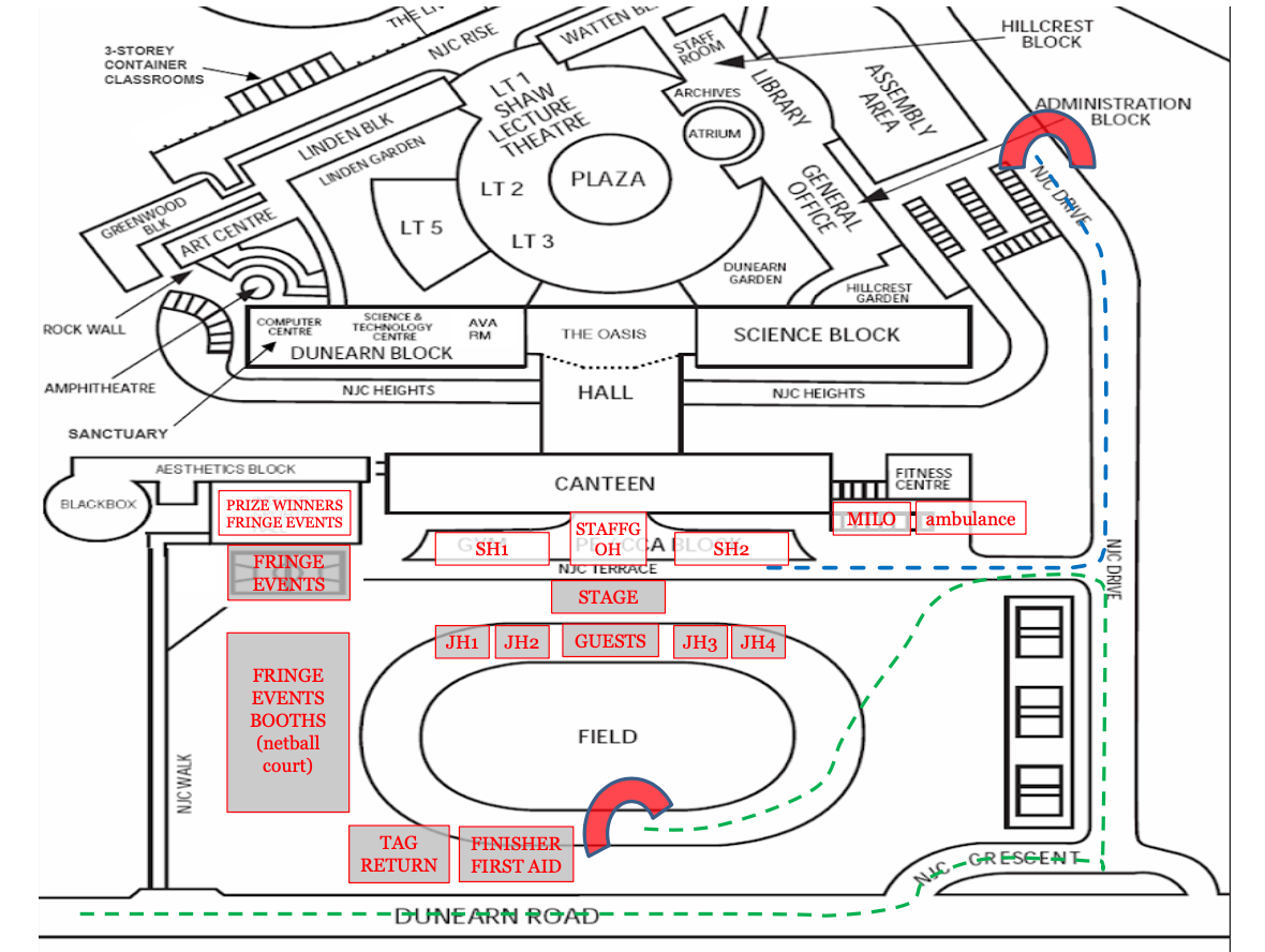Campus map showing buildings, a field, fringe event booths, stage, and marked routes along NJC Drive.