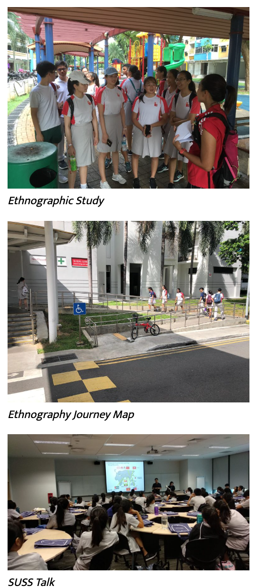 Three scenes: students in uniform outdoors discussing, a building with wheelchair ramp, and students in a classroom lecture.