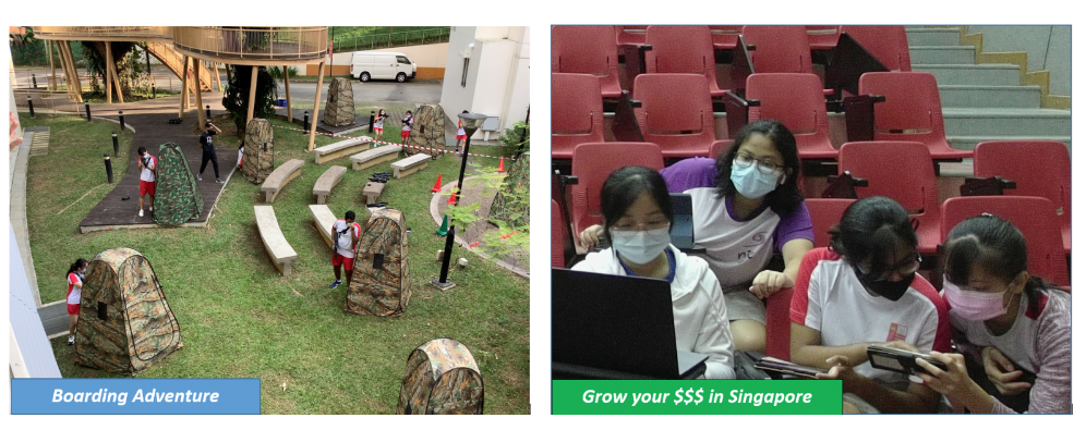 Two scenes: students doing outdoor activities with camouflage tents, and masked students using a laptop in a red-seated auditorium.