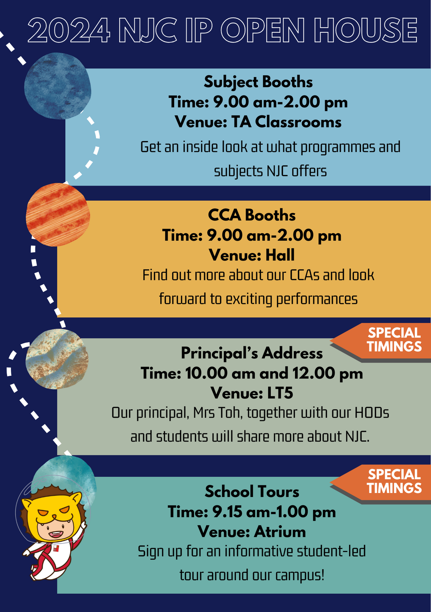 Flyer for 2024 NJC IP Open House listing event details for subject booths, CCA booths, principal address, and school tours.