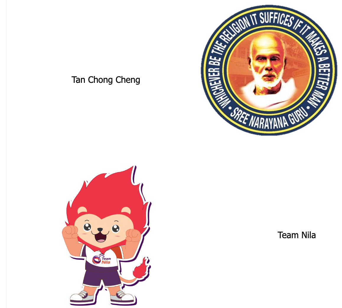 Cartoon lion mascot labeled Team Nila beside a circular Sree Narayana Guru emblem with a quote.